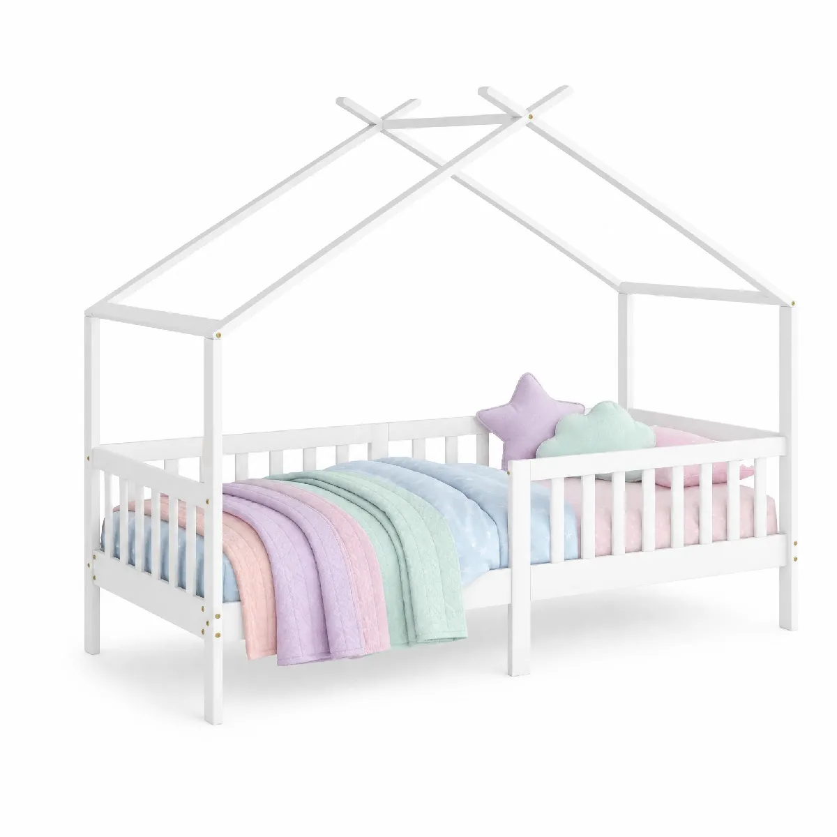 Lit enfant en forme de maison en pin blanc avec barrière 90 x 200 cm