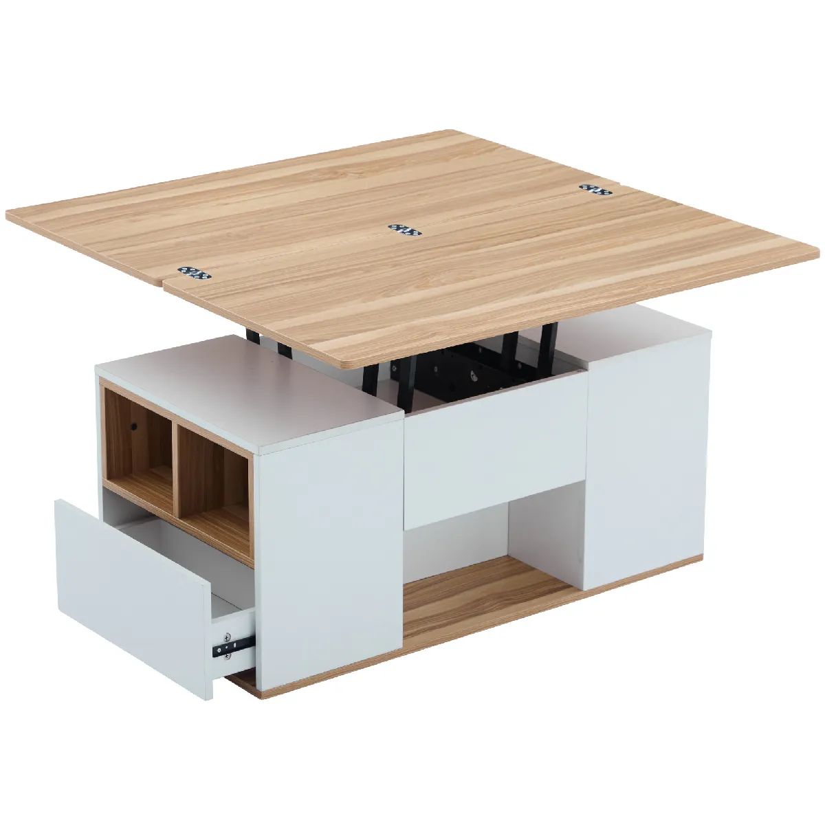Table basse relevable blanche avec rangements et tiroir 100x51x47 cm