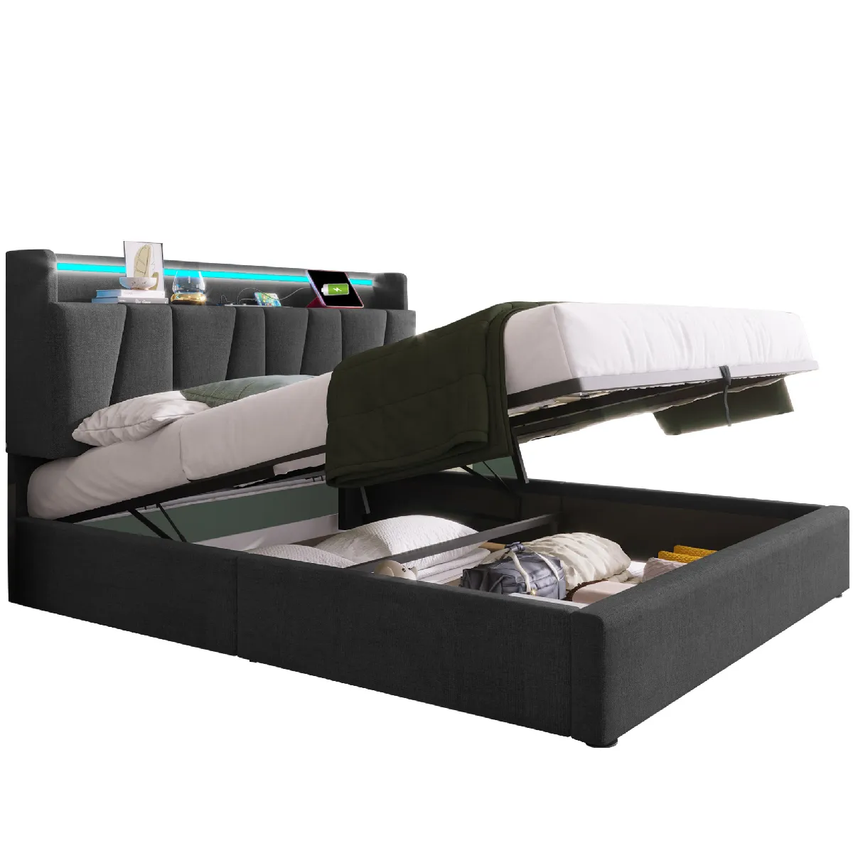 Lit Coffre 140x190 Cm, Tête De Lit Avec Prises Et Ports Usb Et Type-c, Avec Led, En Lin, Gris, Sans Matelas