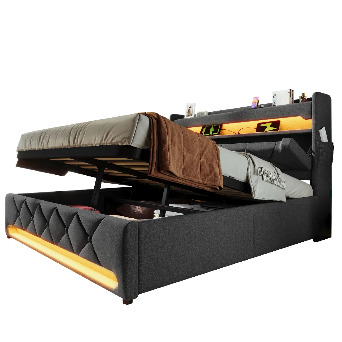 Lit Coffre 180x200 Cm Avec Ports Usb Et Type-c, Led, Lin Gris, Sans Matelas