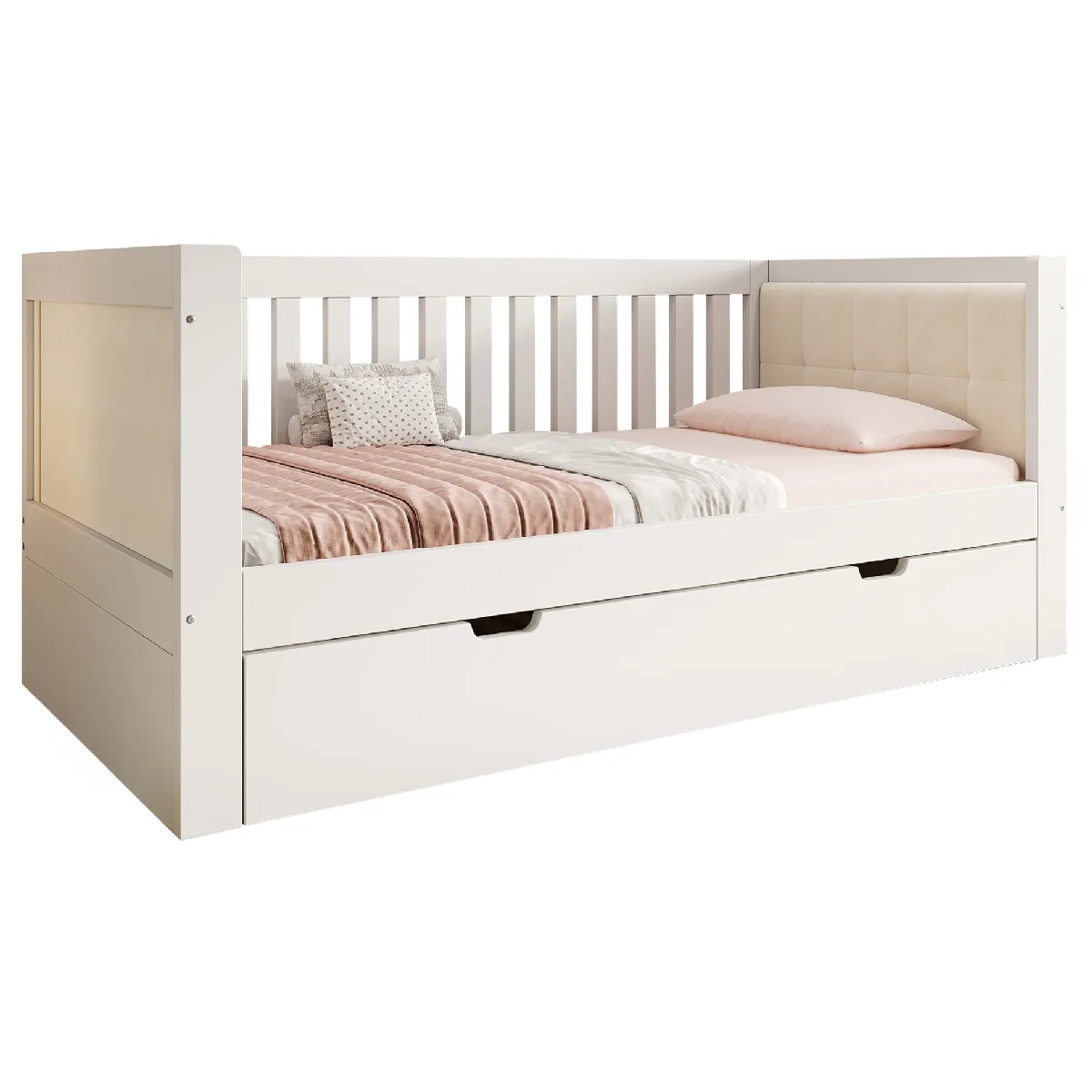 Lit Gigogne 90x190 Cm - Lit Simple Avec Dossier - En Bois Blanc - Sans Matelas