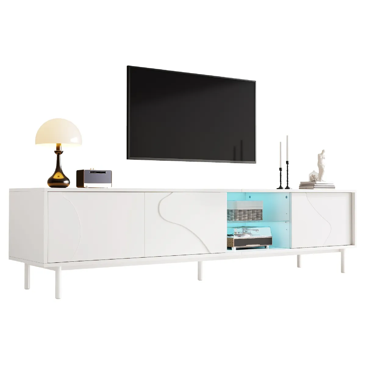 Meuble Tv 180 Cm Avec 3 Portes Coulissantes, Étagères En Verre Amovibles Et Lumière Led Contrôlable Par Application Mobile, Blanc