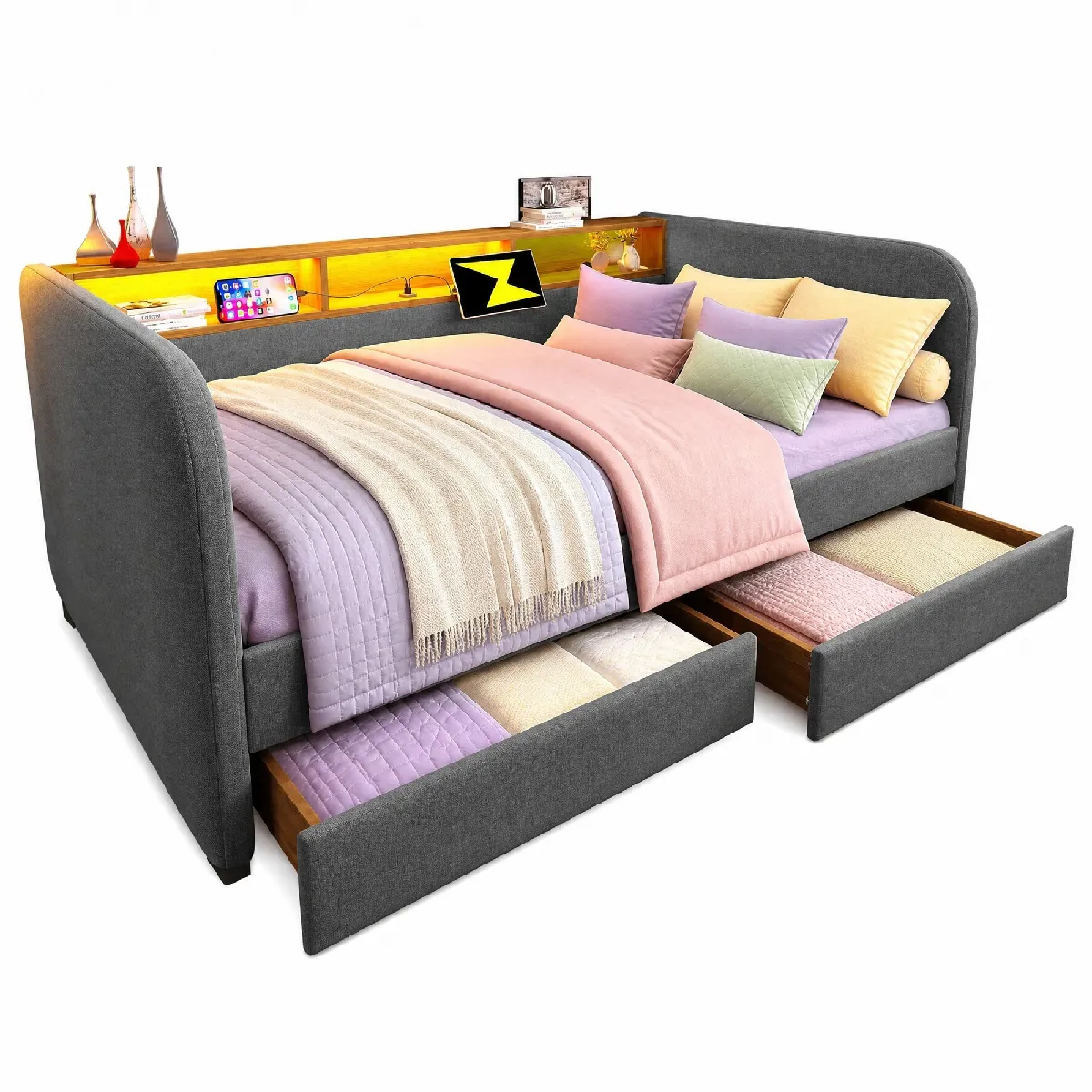 Lit Avec Tiroirs 140x190 Cm, Avec 2 Tiroirs Et Tête De Lit Avec Ports Usb Et Type-c Et Led, En Lin, Gris, Sans Matelas