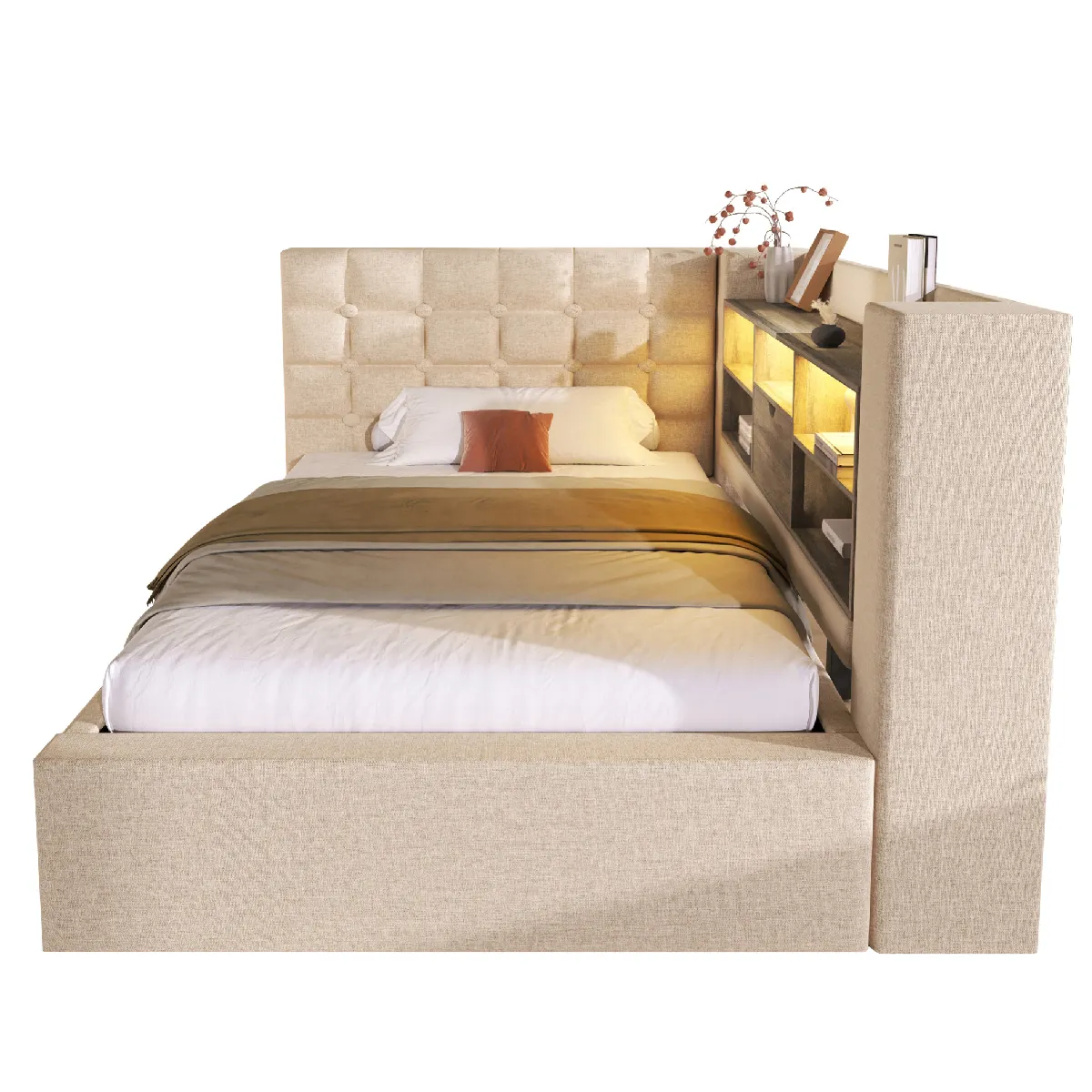 Lit Capitonné 90x200 Cm, Avec Led, Rangement Hydraulique, Lin Et Métal, Beige (avec Matelas)