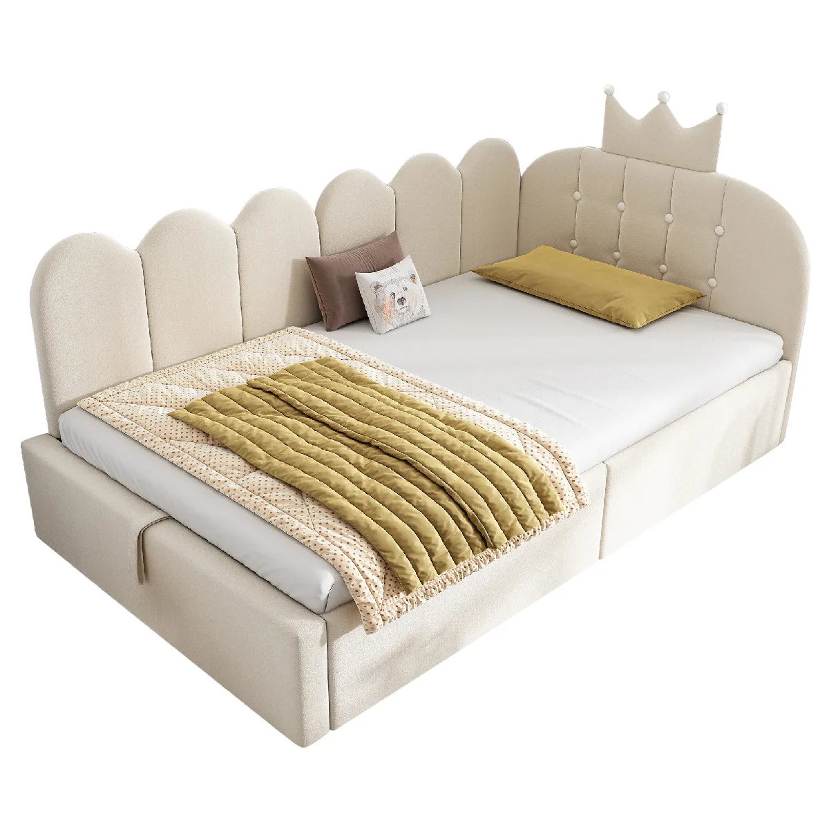 Lit Gigogne 90x190 Cm Avec Tête De Lit Couronne Et Barreau, Beige, Velours, Sans Matelas
