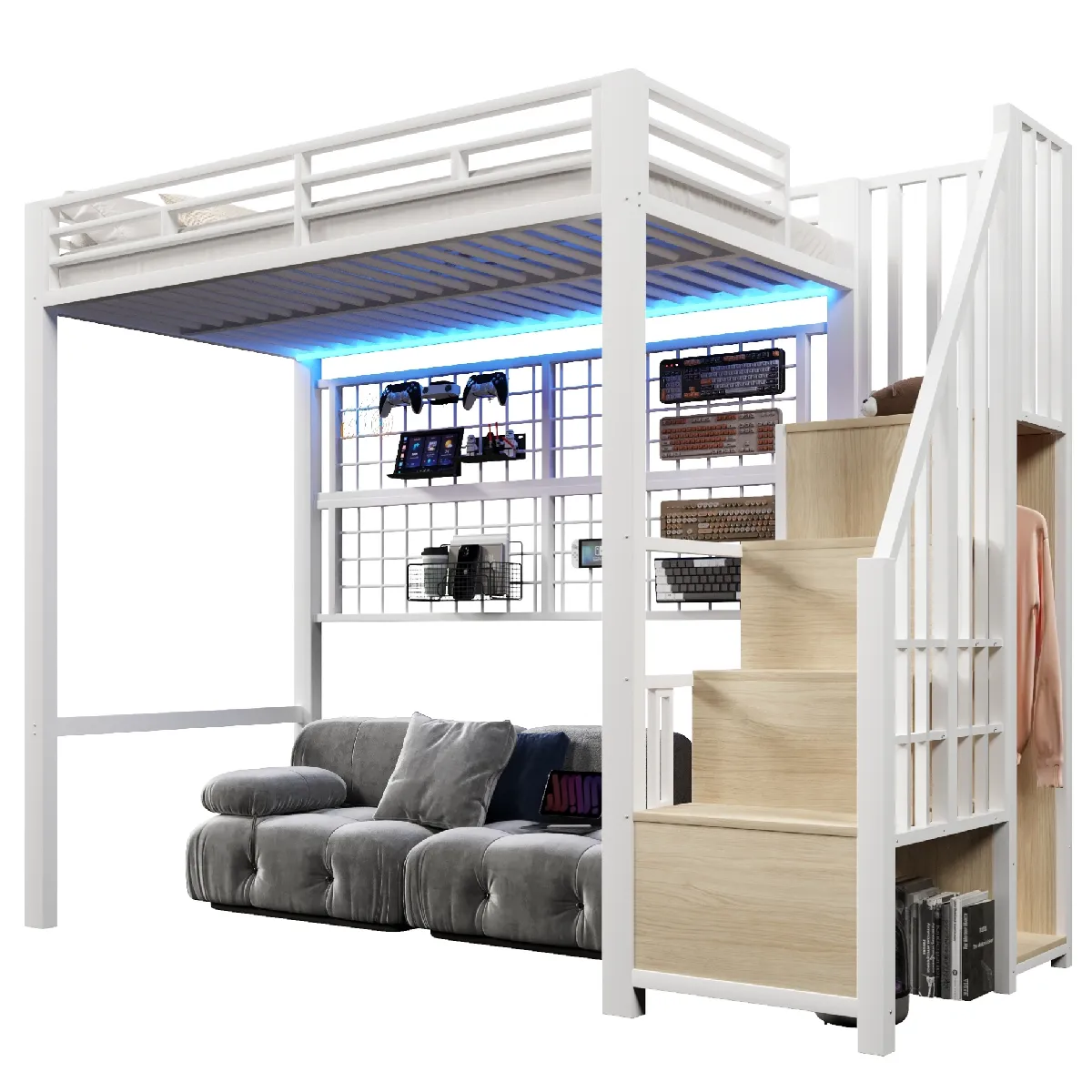Lit Mezzanine 90x200 Cm Avec Armoire Et Échelle De Rangement, Led 7 Couleurs, En Métal Blanc, Sans Matelas