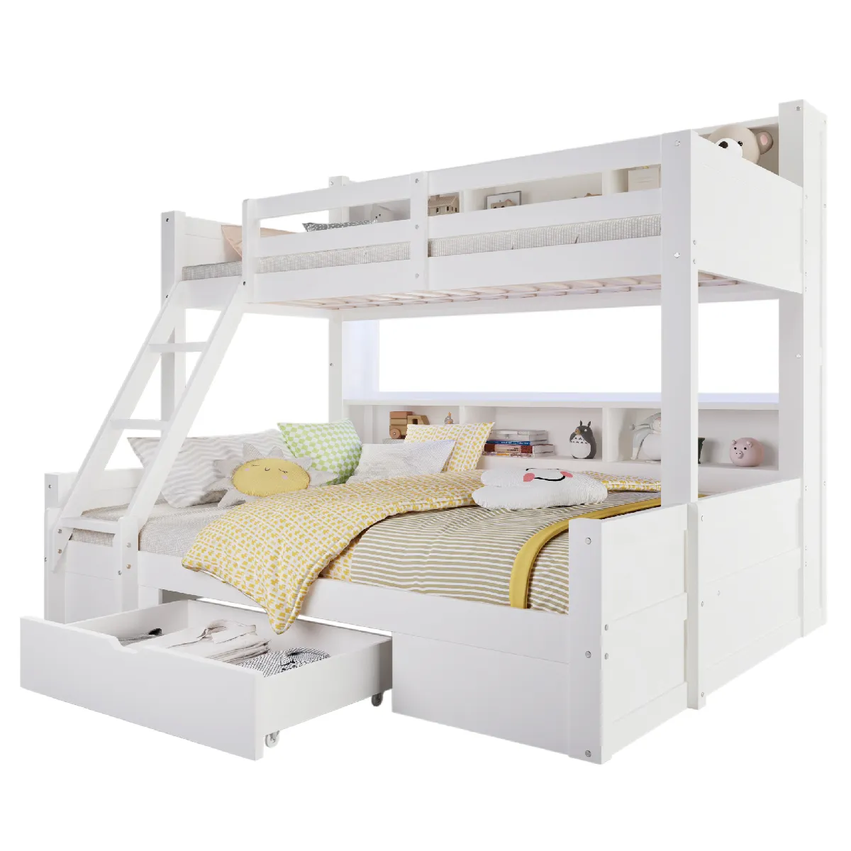 Lit Superposé 90x200 Cm Et 140x200 Cm Avec Led, Bois De Pin Blanc (sans Matelas)
