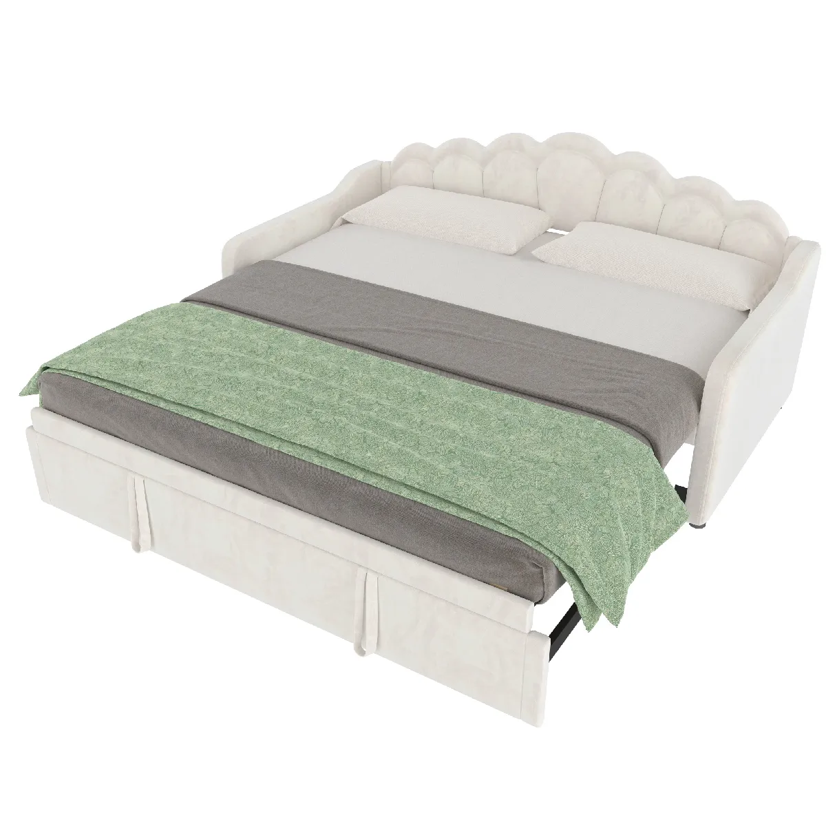 Lit Gigogne 90/180x200 Cm Avec Led, En Velours Beige, Sans Matelas