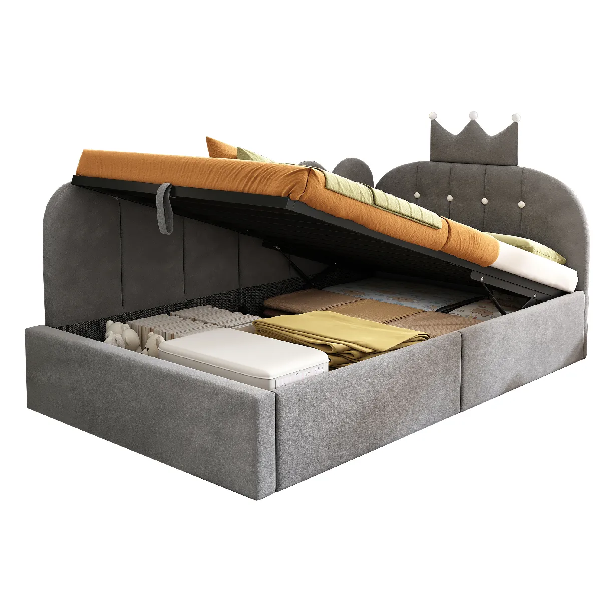 Lit Coffre 90x190 Cm Avec Tête De Lit Couronne Et Barreau, Réversible En L, Gris, Velours, Sans Matelas