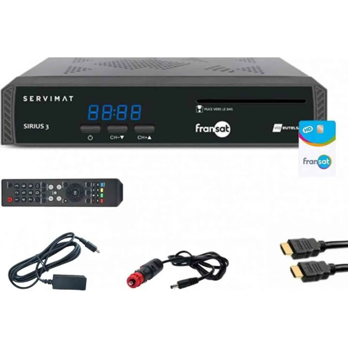 Pack Servimat Récepteur Tv Satellite Hd + Carte Fransat + Câble Hdmi + Câble 12v + Dé