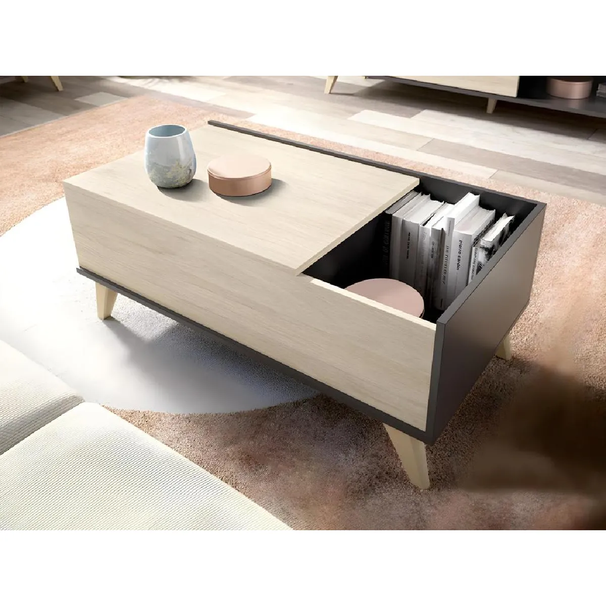 Table Basse Relevable Kolyma - 1 Niche - Coloris: Chêne & Anthracite
