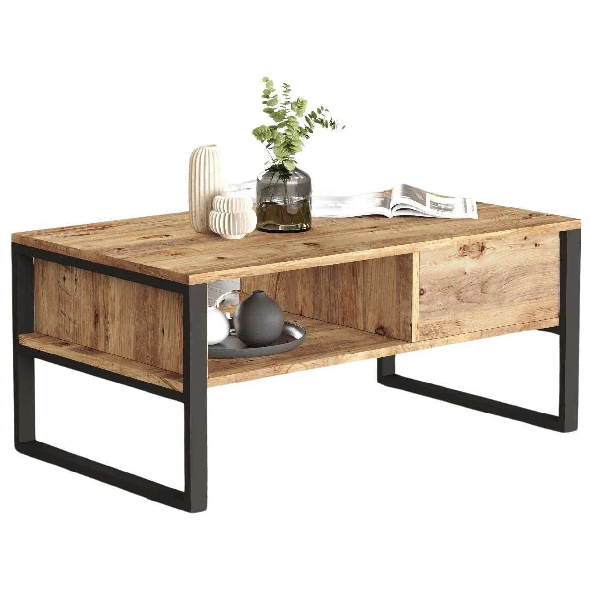 Table basse 2 niveaux 100×59,7×44,4 cm décor naturel et noir