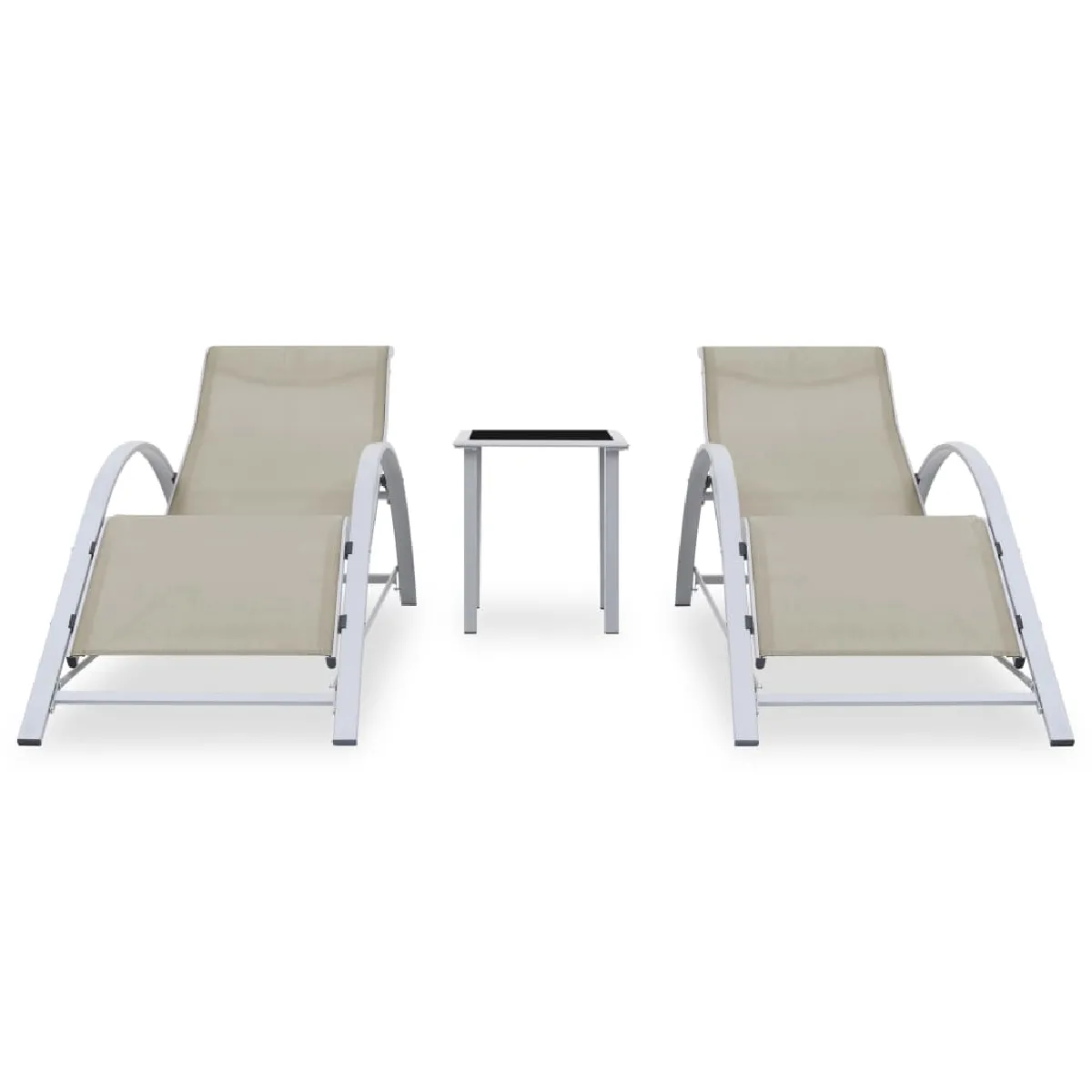 Lot De 2 Transats Chaise Longue Bain De Soleil Lit De Jardin Terrasse Meuble D'extérieur Avec Table Aluminium Crème 02_0
