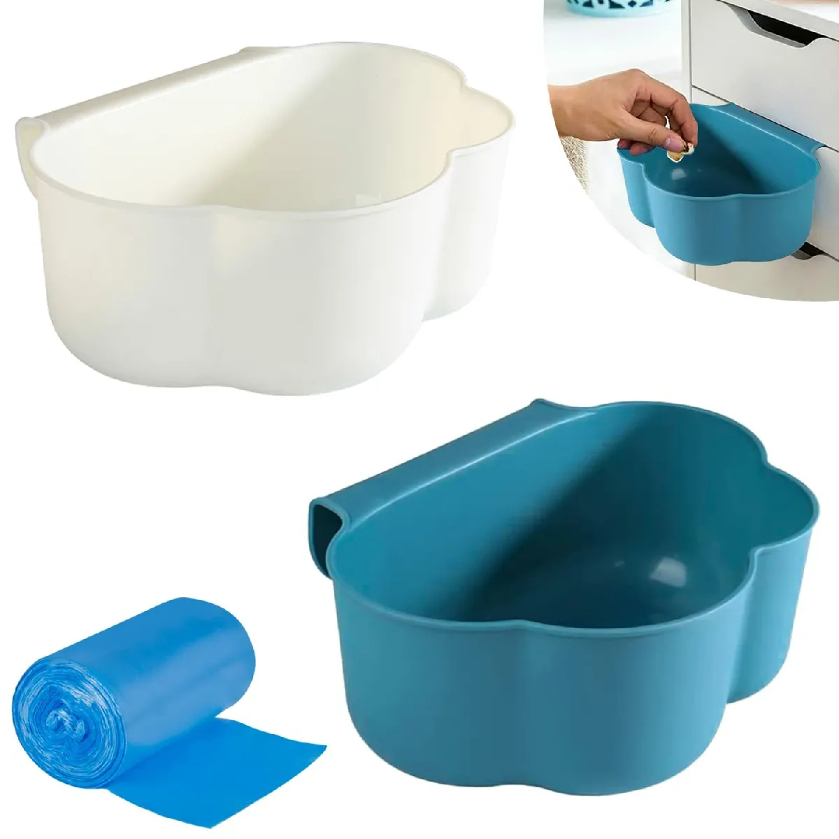 Lot de 2 bacs de récupération pour déchets de cuisine à suspendre blanc bleu