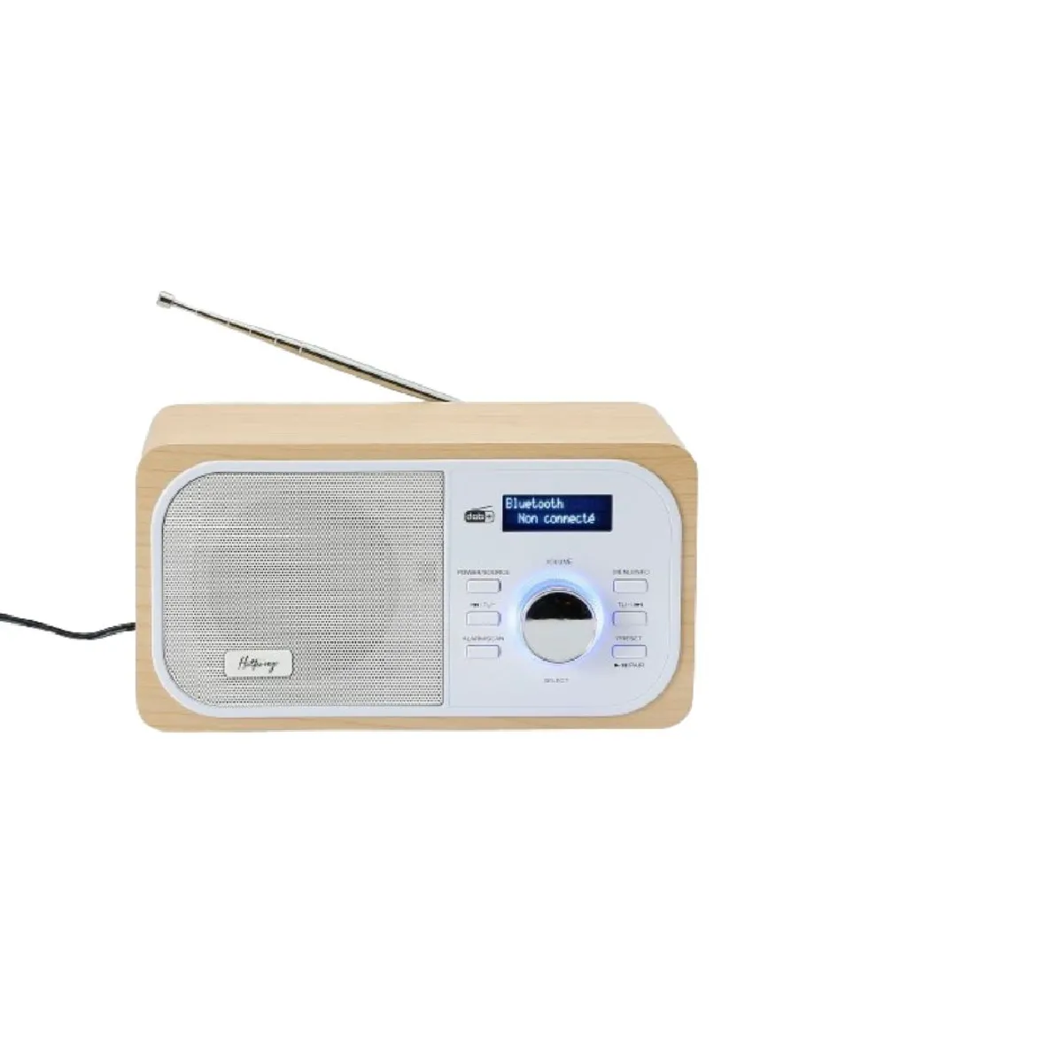 Radio DAB+/DAB/FM, connexion Bluetooth, double alarme, écran LCD, Luminosité réglable, antenne téléscopique, RMS 3W, adaptateur inclus, couleur Bois - Neuf