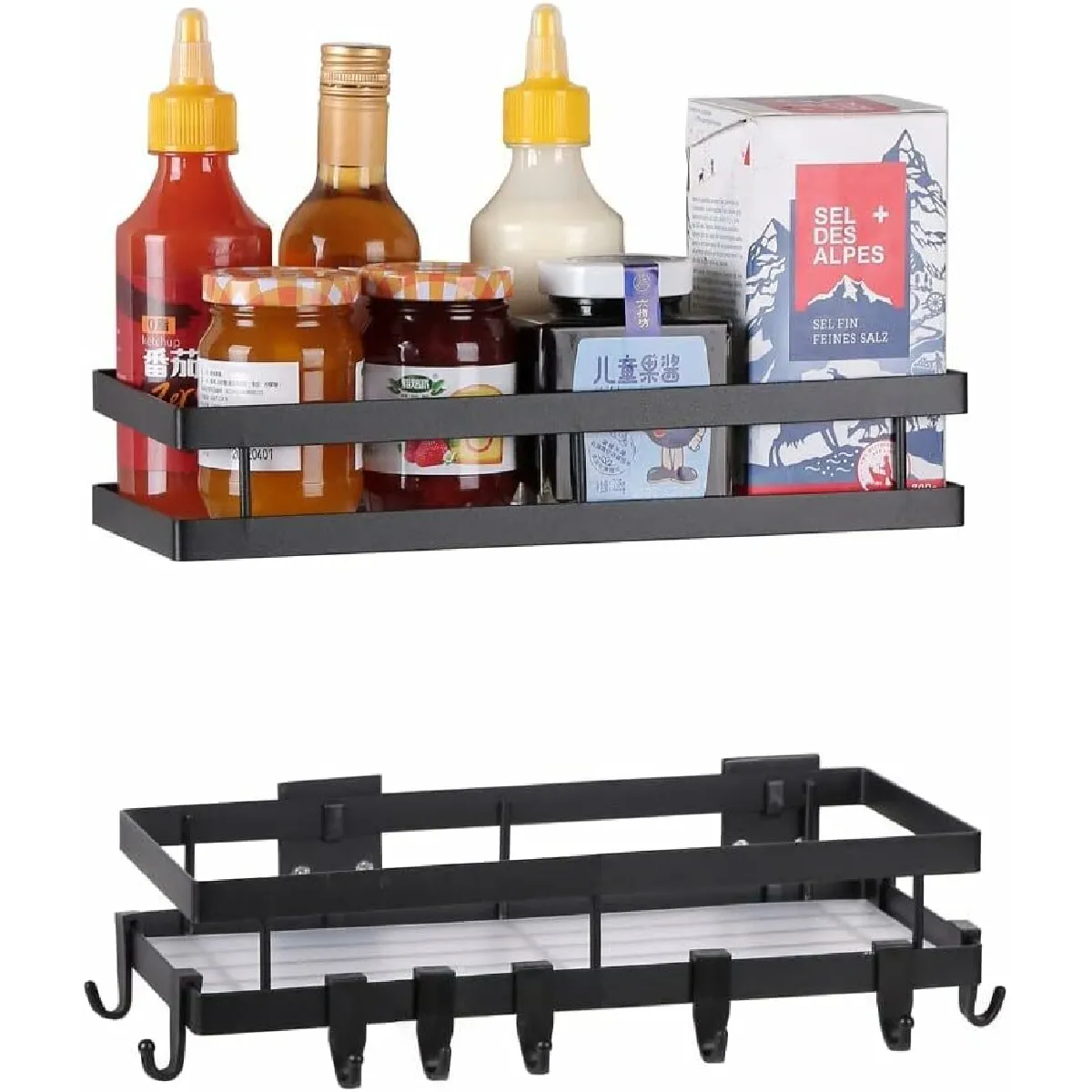 2 Porte Epices Mural Sans Perçage de 30 cm avec 8 Crochets Amovibles noir