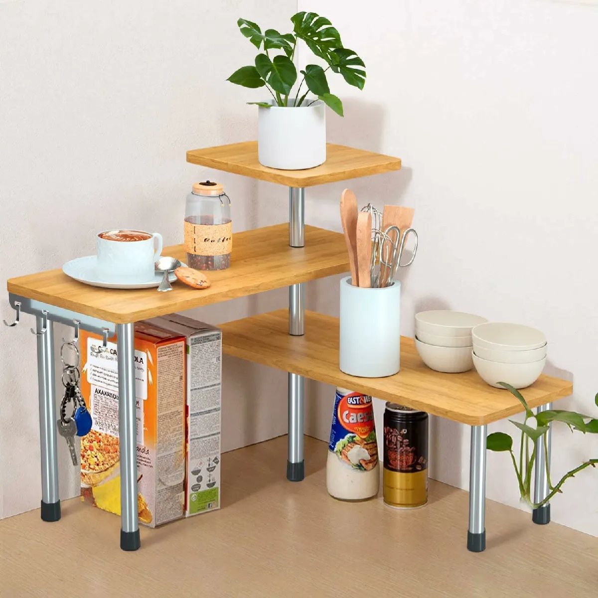 Étagère d'angle de cuisine à 3 niveaux en bambou pour rangement d'épices marron