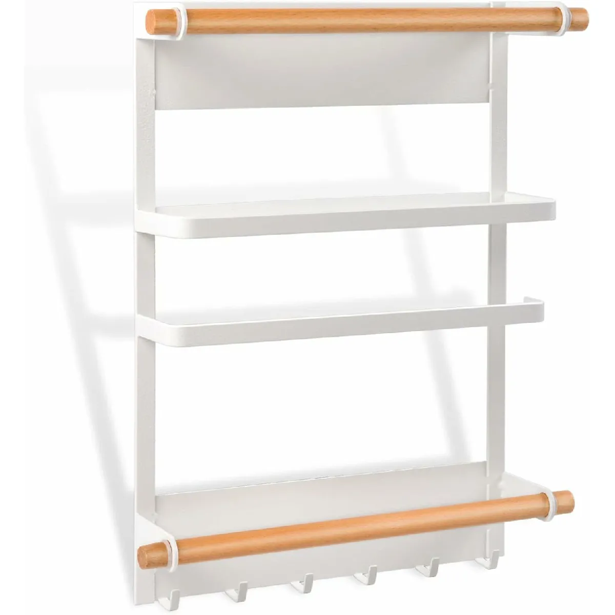 Étagère à Épices Magnétique sans Percage avec Porte-Rouleau de Cuisine et 4 Crochets Blanc