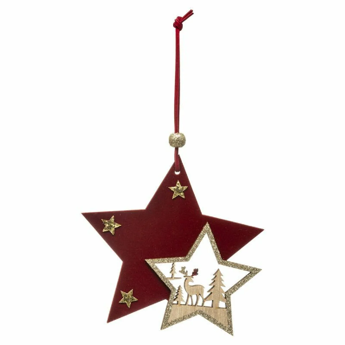 Sujet De Noël Bois Étoile Bordeaux Doré 12 Cm - Feeric Lights & Christmas
