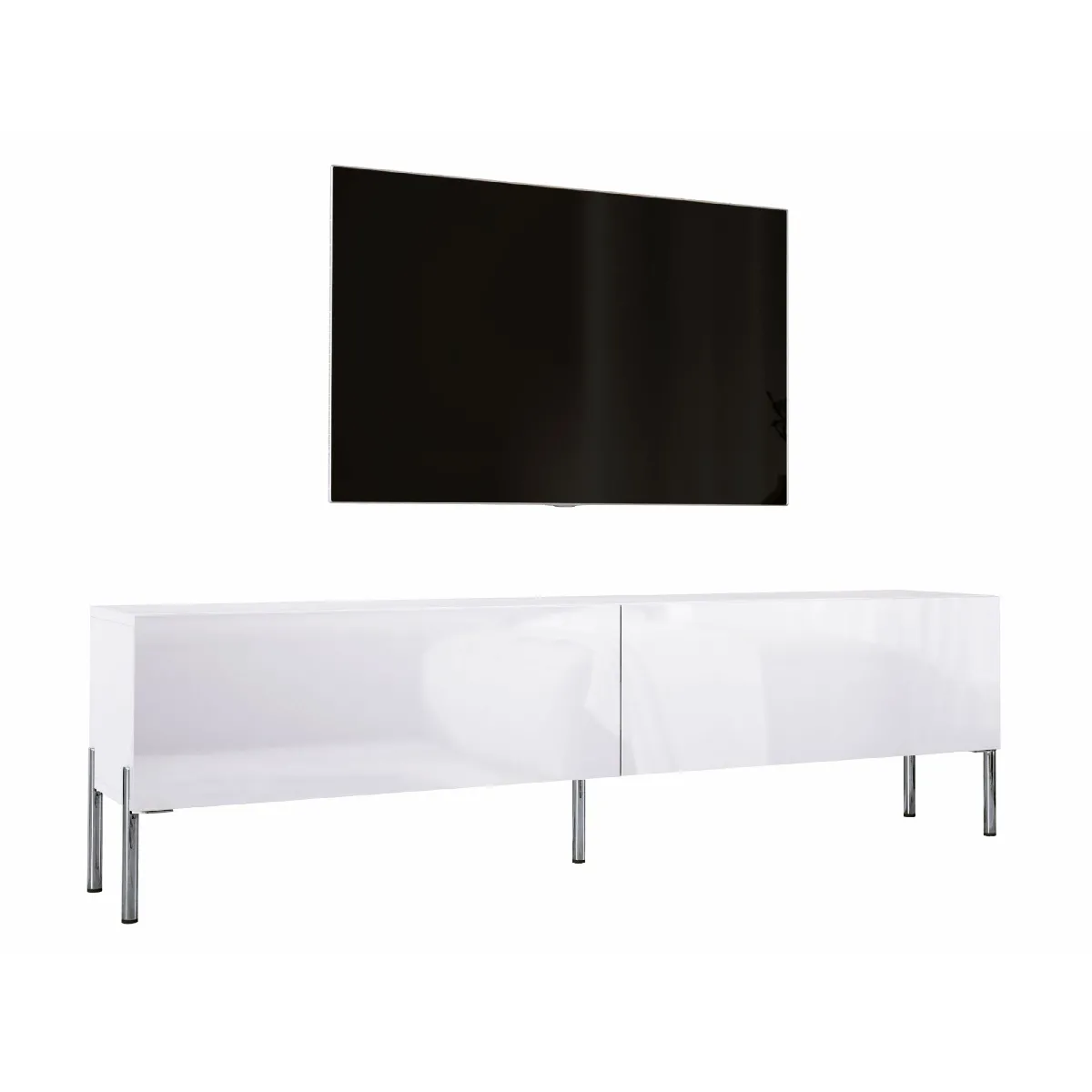 Meuble TV: Blanc Mat / Blanc Brillant, Pieds Chrome, 170 X 52 X 32 Cm