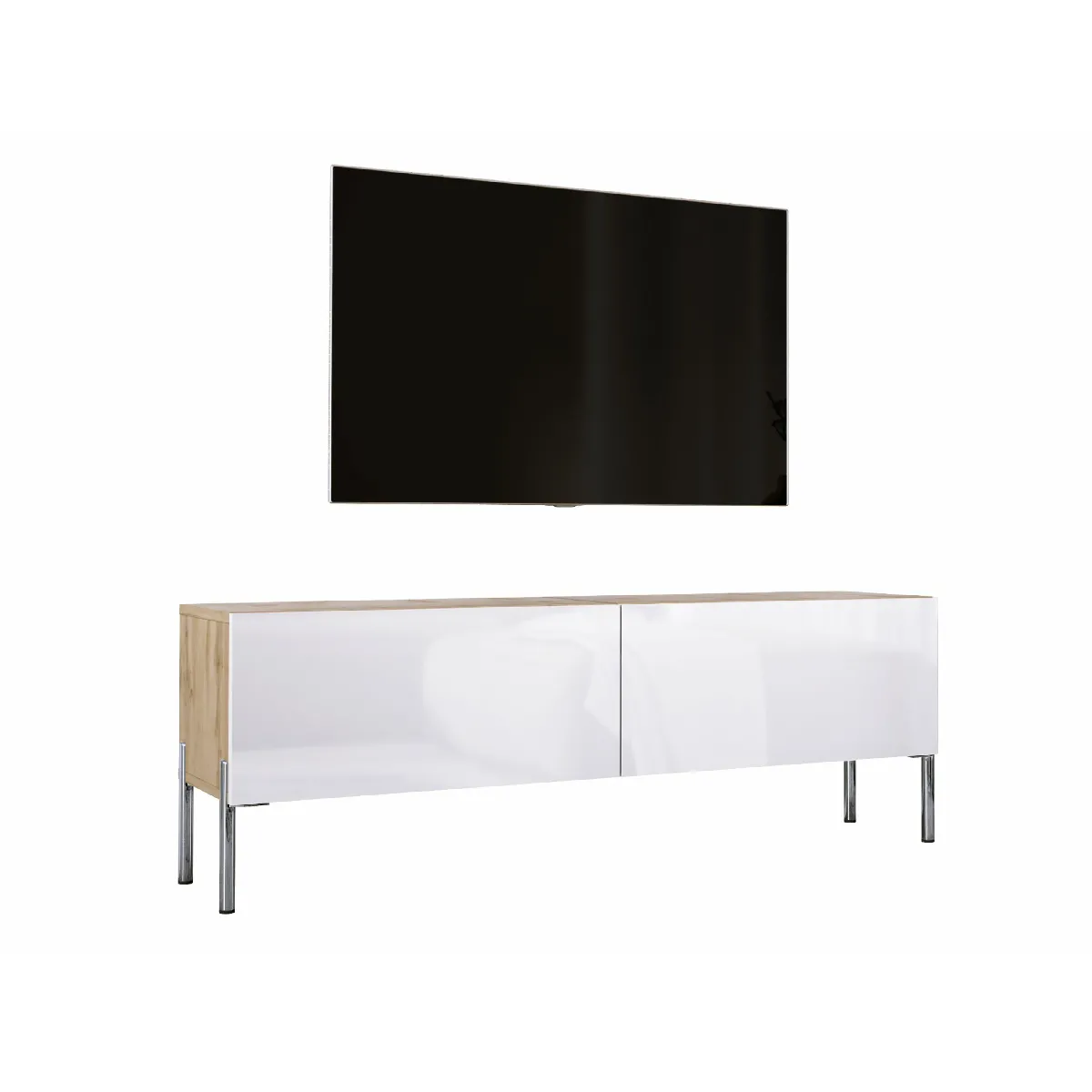 Meuble TV: Chêne Wotan / Blanc Brillant, Pieds Chrome, 140 X 52 X 32 Cm
