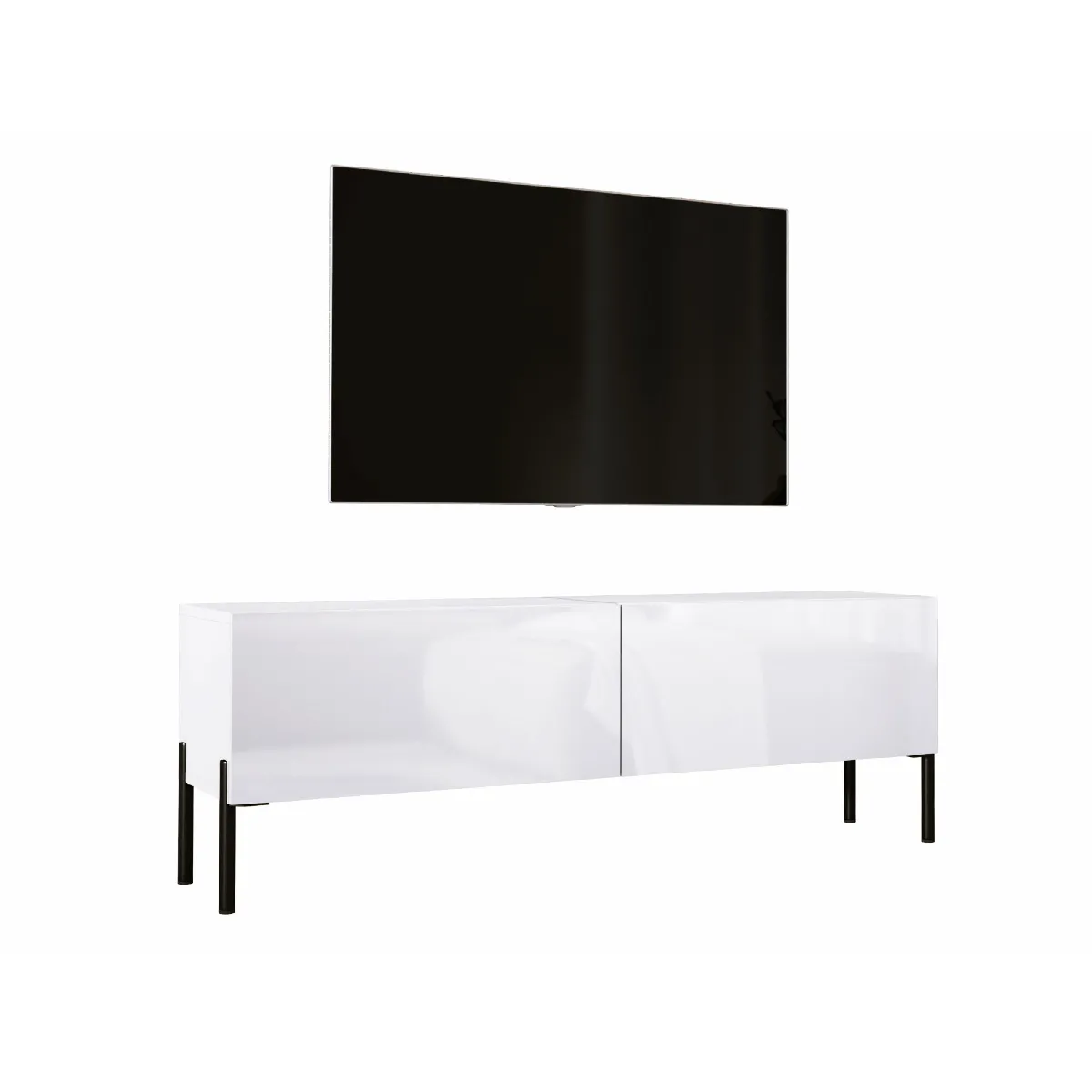 Meuble TV: Blanc Mat / Blanc Brillant, Pieds Noir, 140 X 52 X 32 Cm