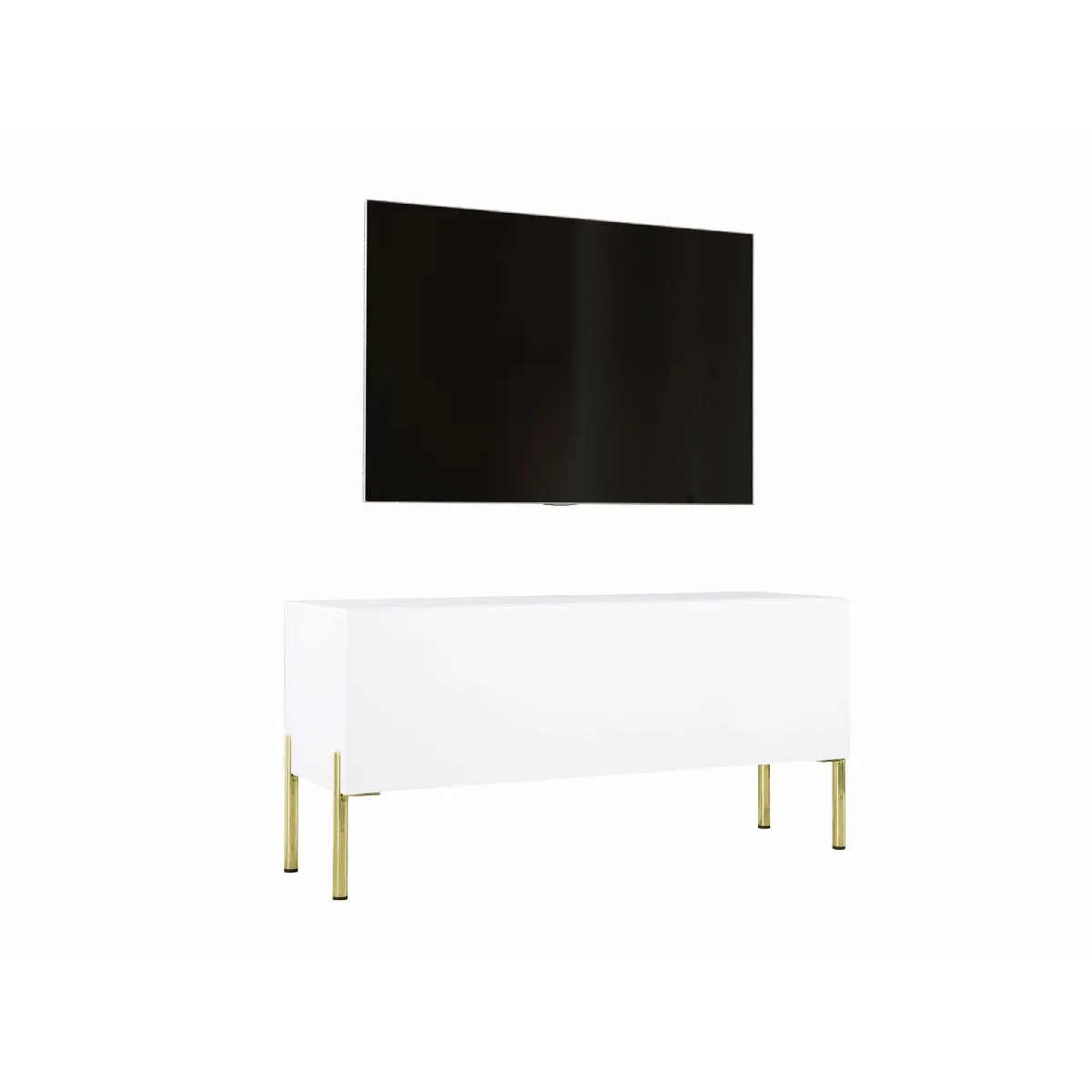 Meuble TV: Blanc Mat / Blanc Brillant, Pieds Or, 100 x 52 x 32 cm