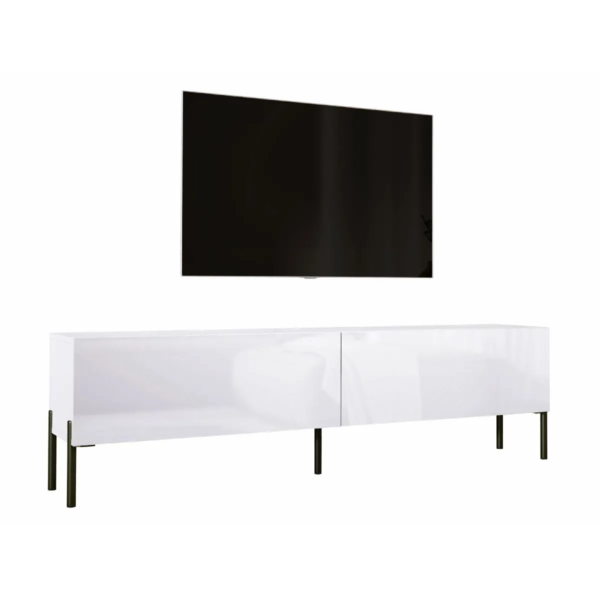 Meuble TV: Blanc Mat / Blanc Brillant, Pieds Noir, 170 X 52 X 32 Cm