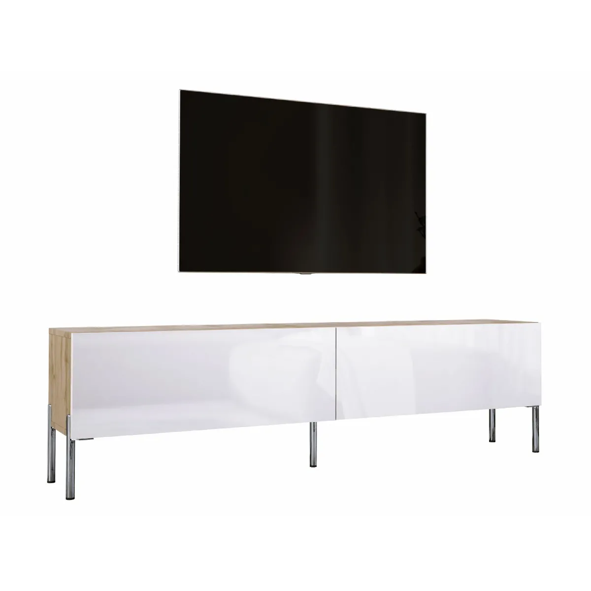 Meuble TV: Chêne Wotan / Blanc Brillant Avec Pieds Chrome, 170 X 52 X 32 Cm
