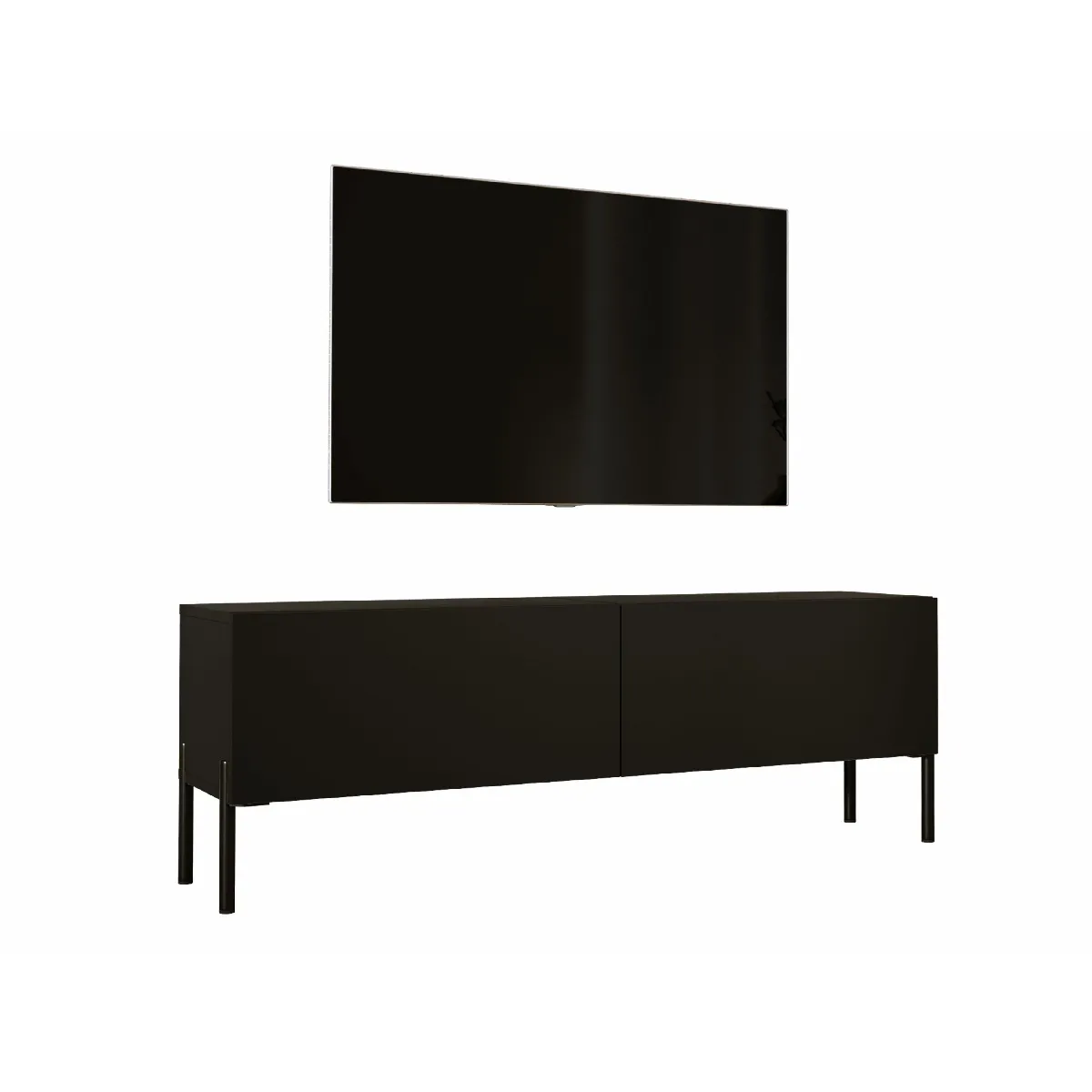 Meuble TV: Noir Mat / Noir Brillant, Pieds Noir, 140 X 52 X 32 Cm