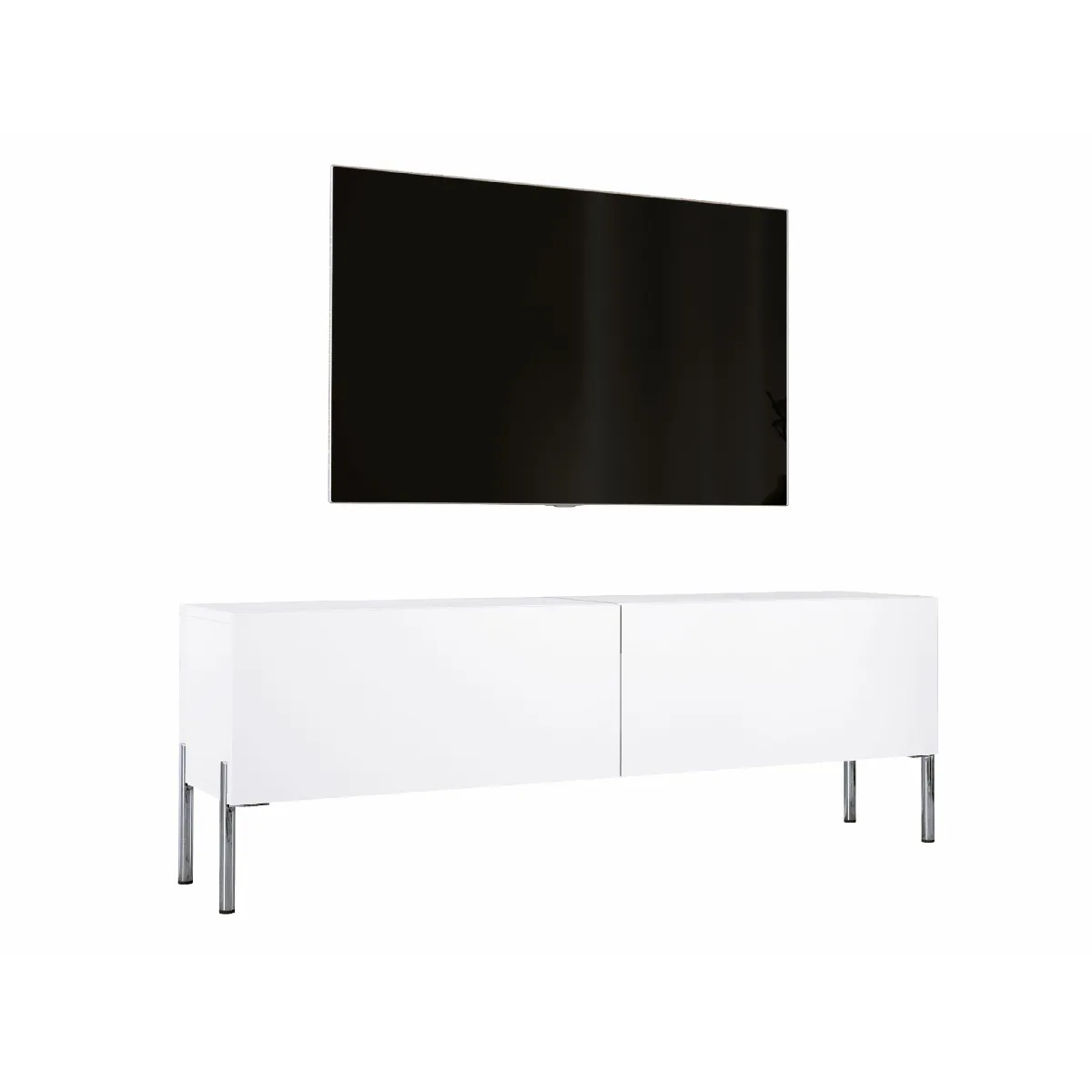 Meuble TV: Blanc Mat, Pieds Chrome, 140 X 52 X 32 Cm