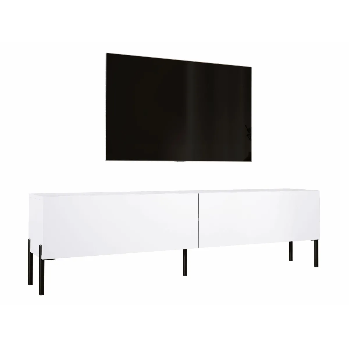 Meuble TV: Blanc Mat, Pieds Noir, 170 X 52 X 32 Cm