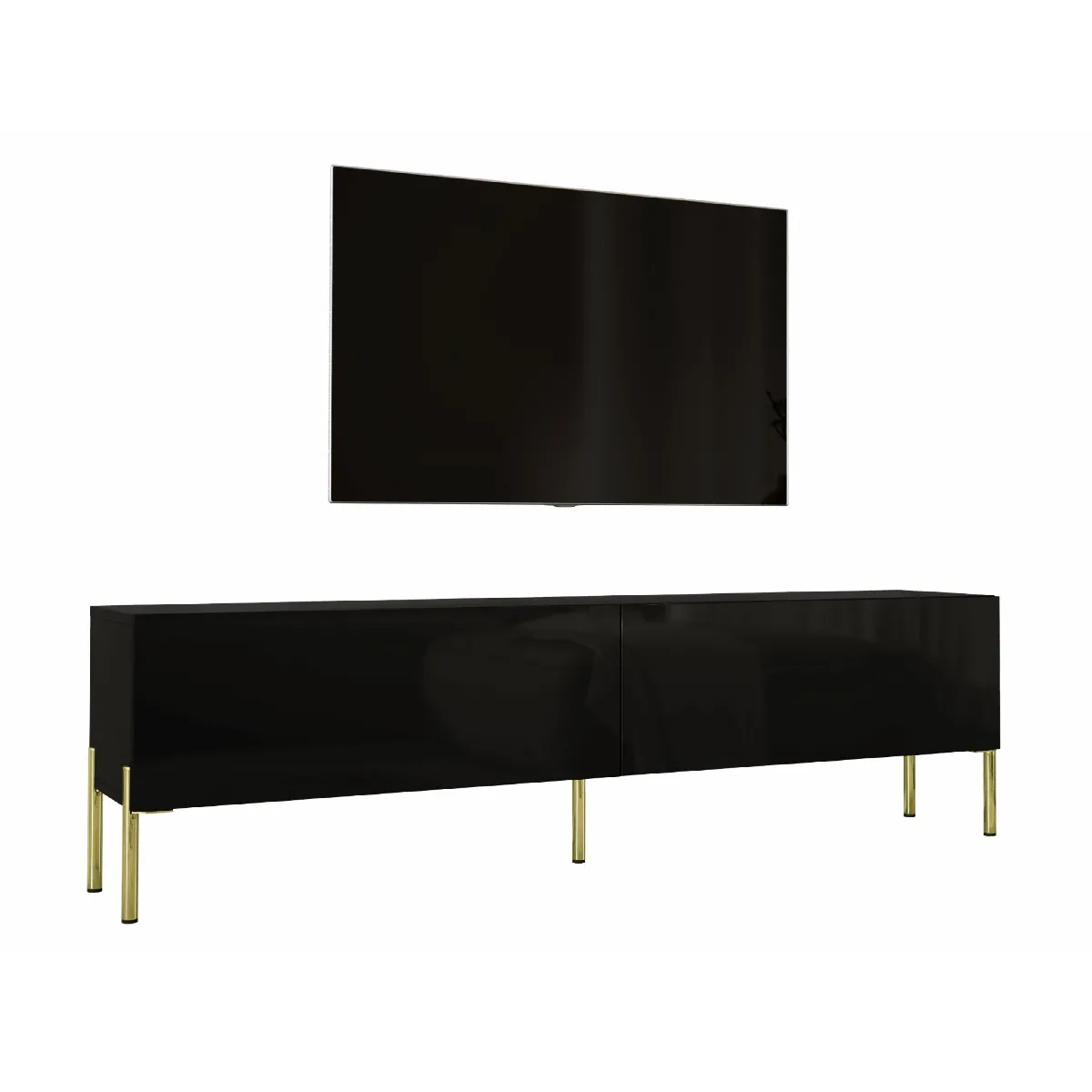 Meuble TV: Noir Mat / Noir Brillant, Pieds Or, 170 X 52 X 32 Cm