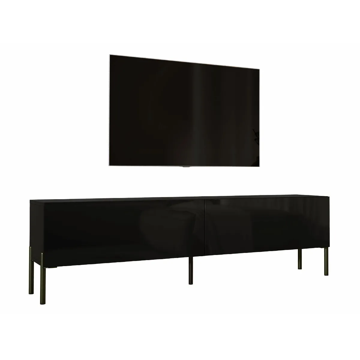 Meuble TV: Noir Mat / Noir Brillant, Pieds Noir, 170 X 52 X 32 Cm