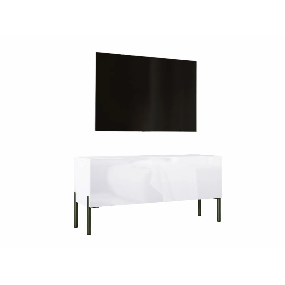 Meuble TV: Blanc Mat / Blanc Brillant, Pieds Noir, 100 x 52 x 32 cm