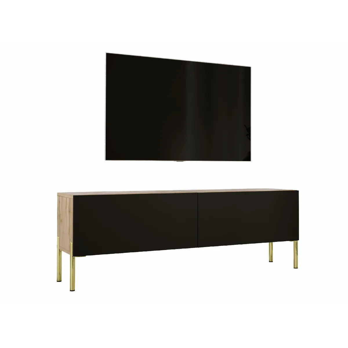 Meuble TV: Chêne Wotan / Noir Mat, Pieds Or, 140 X 52 X 32 Cm