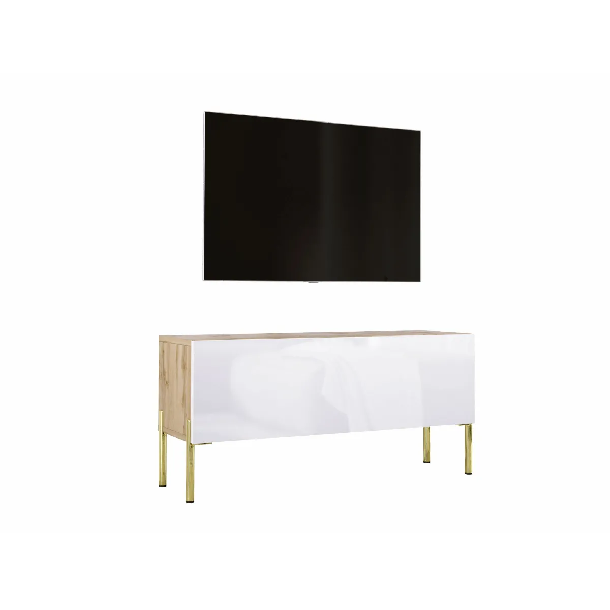 Meuble TV: Chêne Wotan / Blanc Brillant, Pieds Or, 100 x 52 x 32 cm