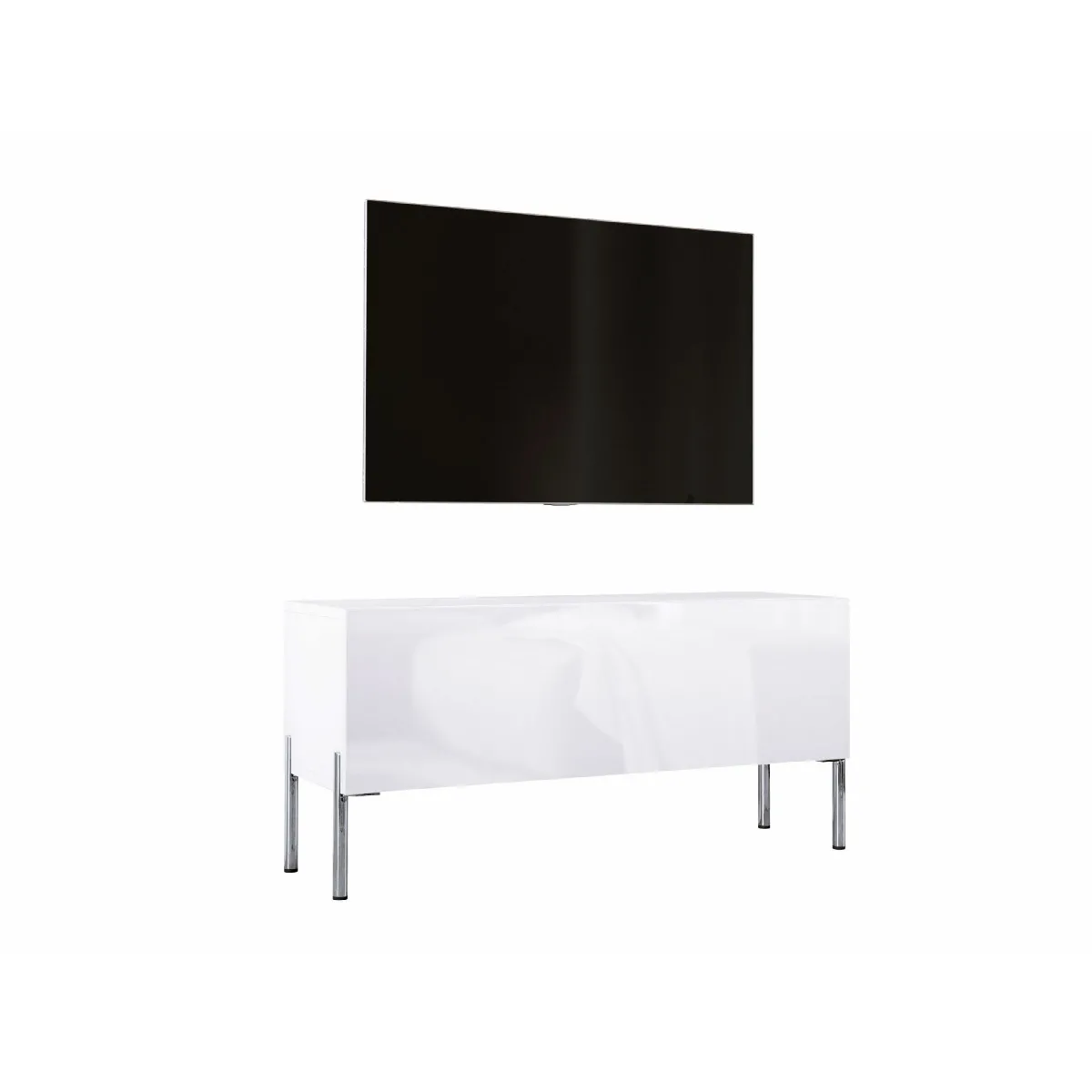 Meuble TV: Blanc Mat / Blanc Brillant, Pieds Chrome, 100 x 52 x 32 cm