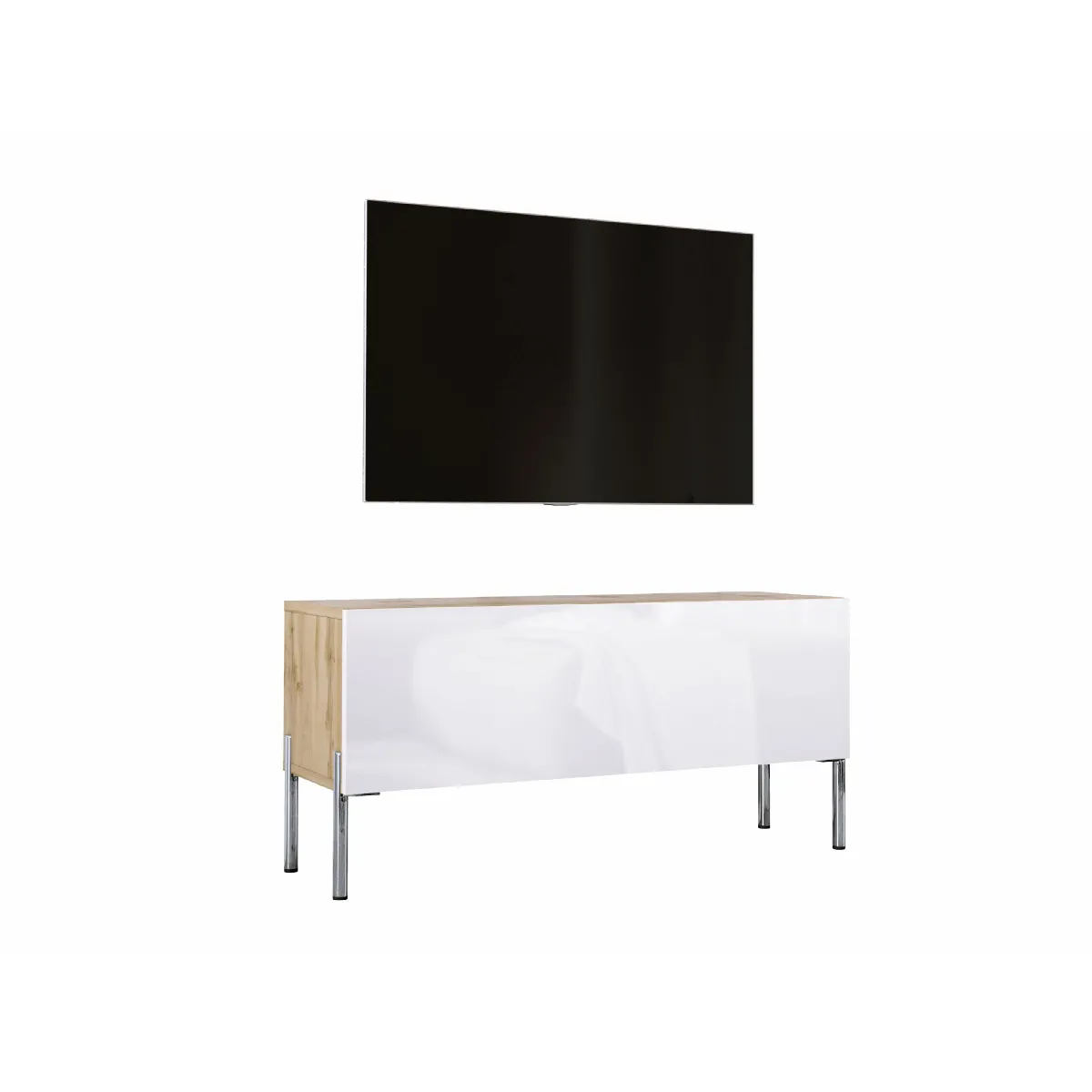 Meuble TV: Chêne Wotan / Blanc Brillant, Pieds Chrome, 100 x 52 x 32 cm
