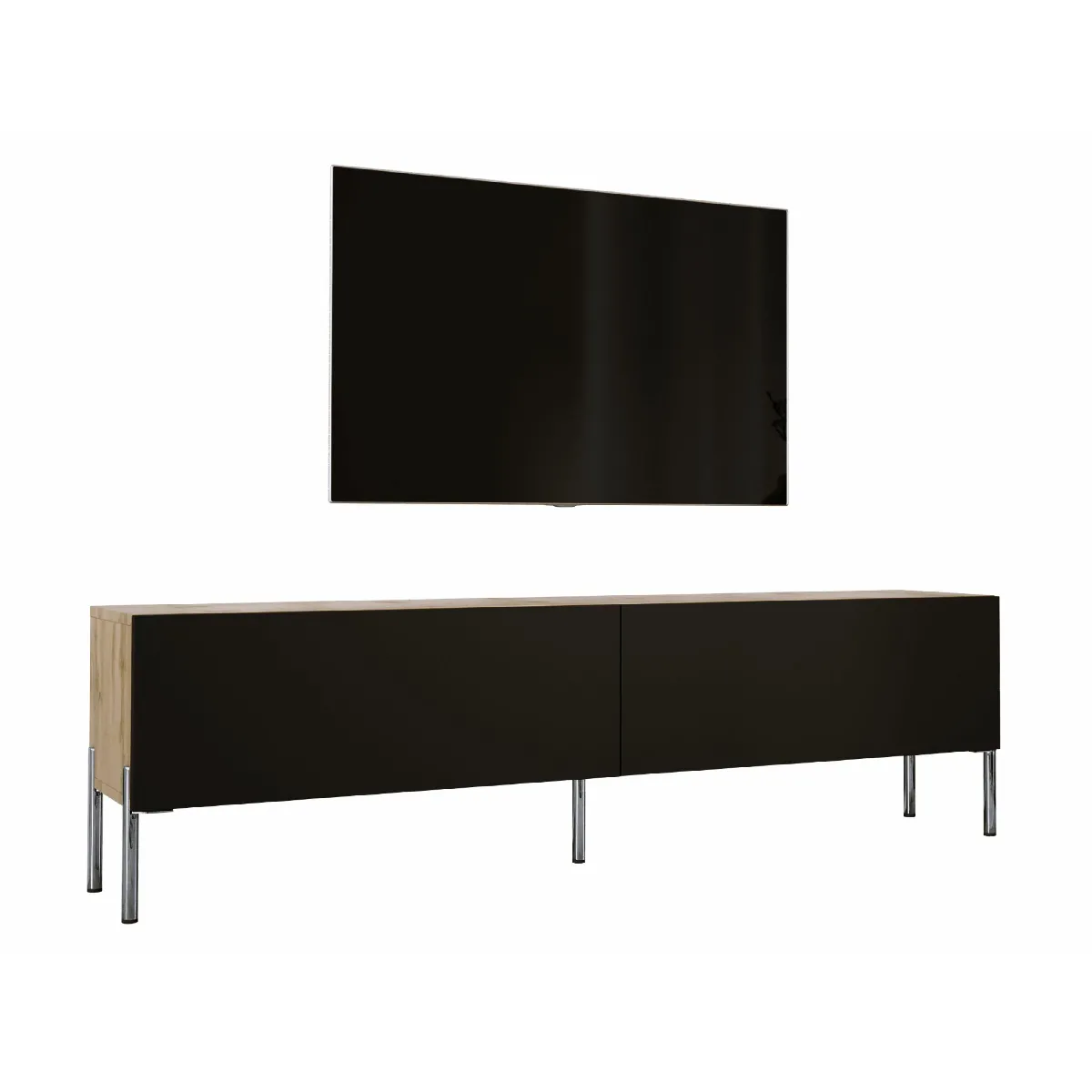 Meuble TV: Chêne Wotan / Noir Mat Avec Pieds Chrome, 170 X 52 X 32 Cm