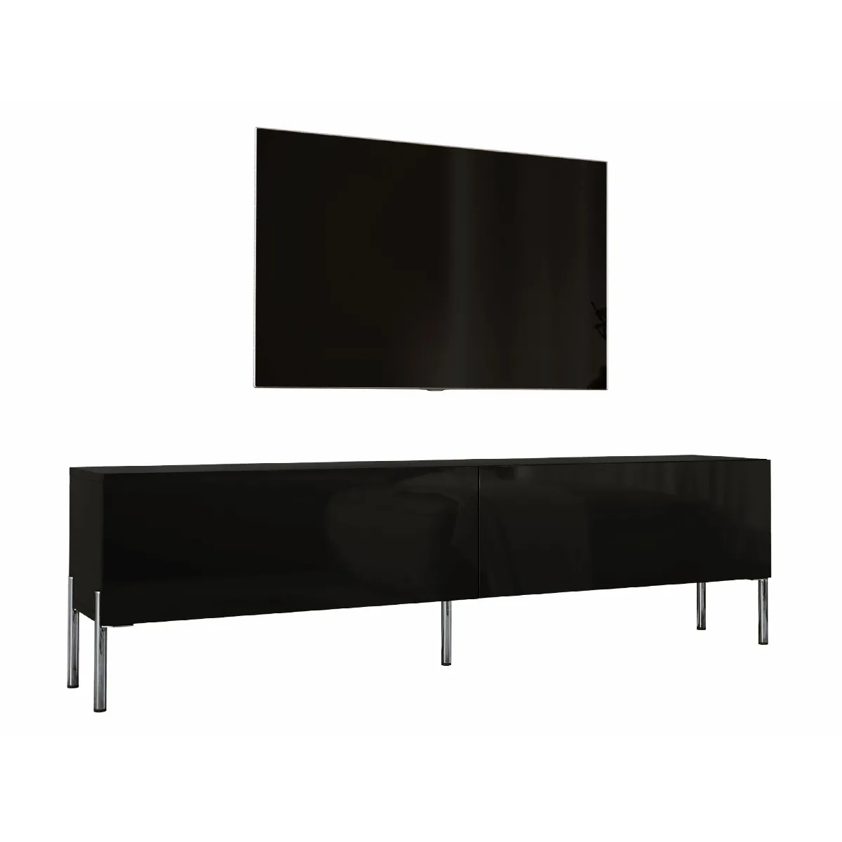 Meuble TV: Noir Mat, Pieds Chrome, 170 X 52 X 32 Cm