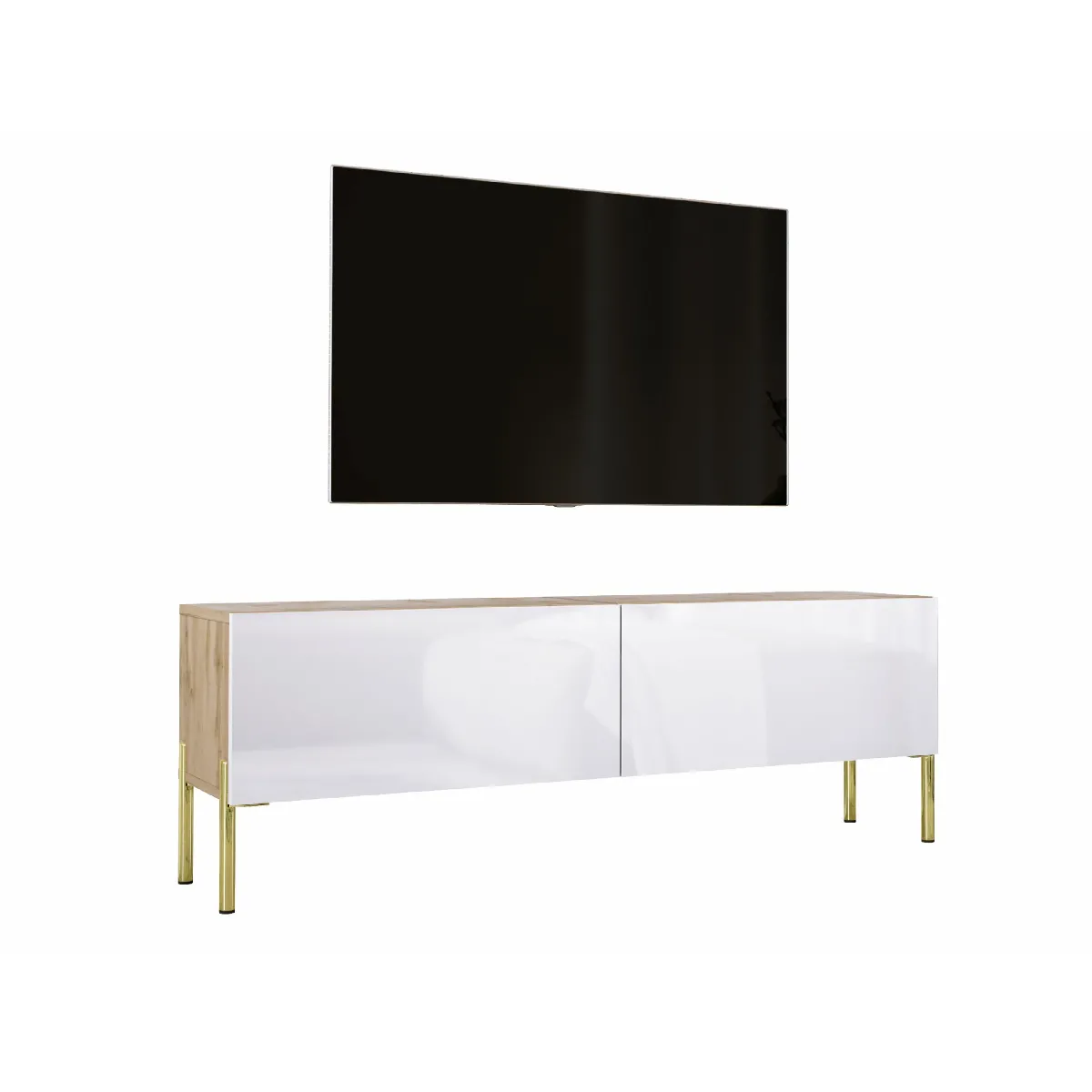 Meuble TV: Chêne Wotan / Blanc Brillant, Pieds Or, 140 X 52 X 32 Cm