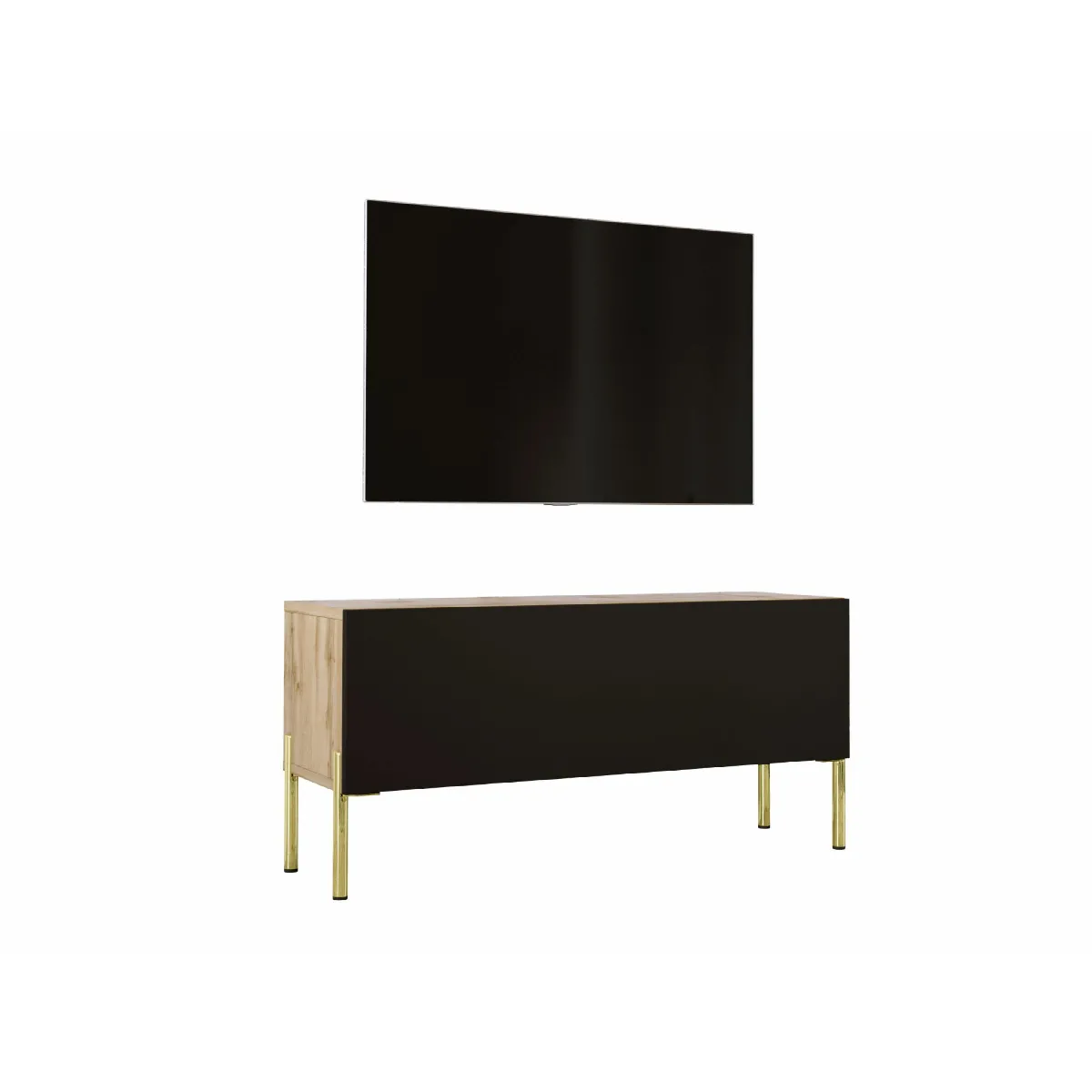 Meuble TV: Chêne Wotan / Noir Mat, Pieds Or, 100 x 52 x 32 cm