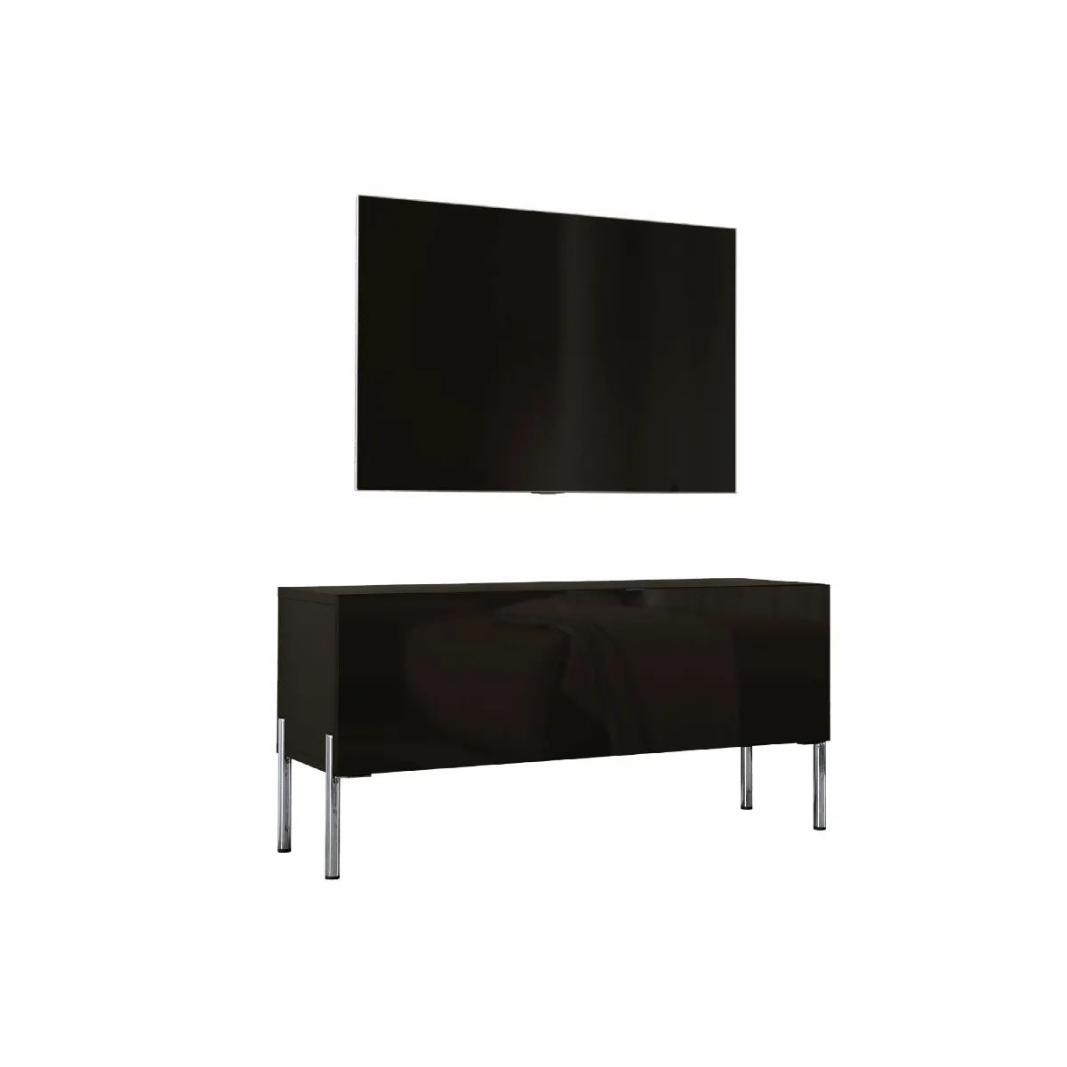 Meuble TV: Noir Mat / Noir Brillant, Pieds Chrome, 100 x 52 x 32 cm