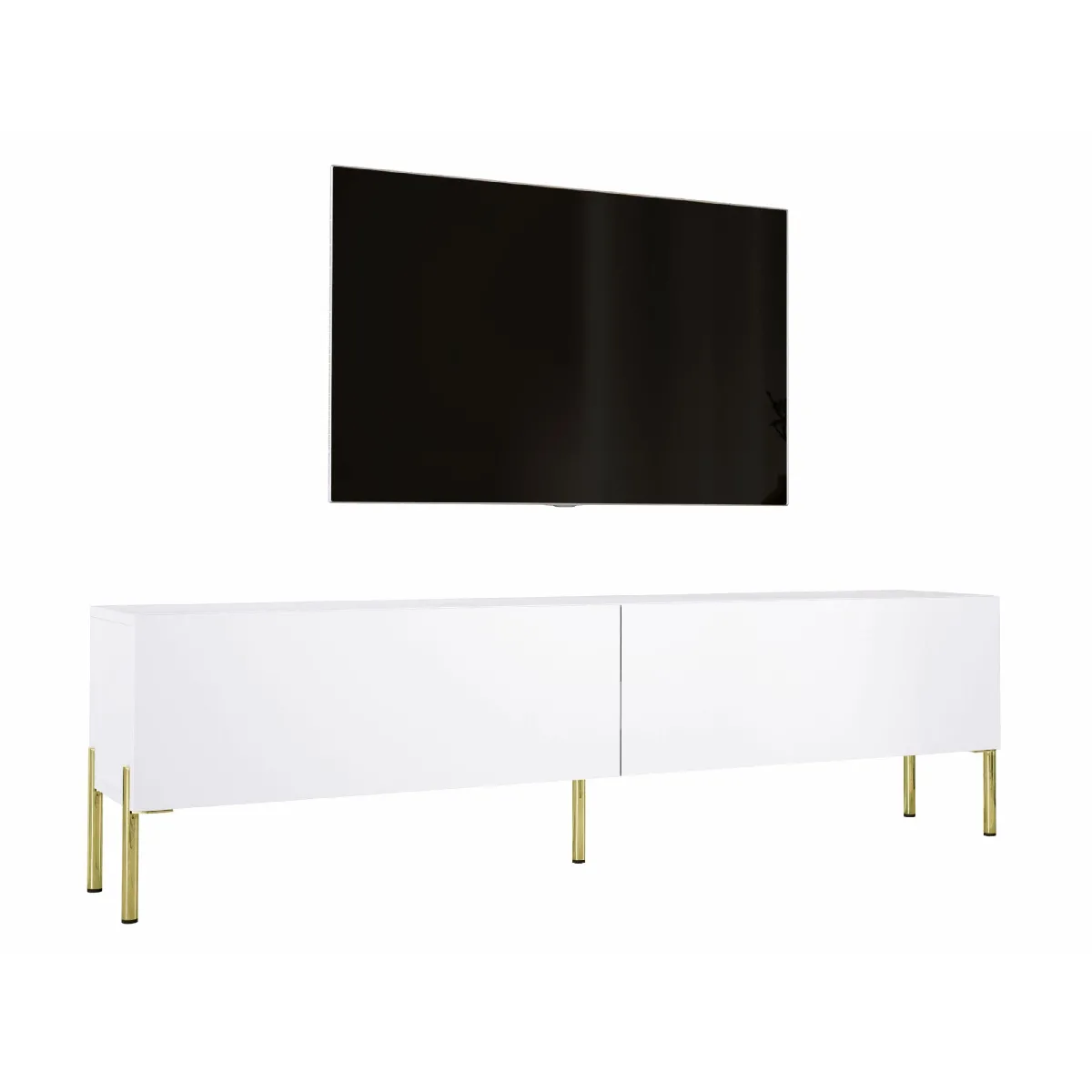 Meuble TV: Blanc Mat, Pieds Or, 170 X 52 X 32 Cm