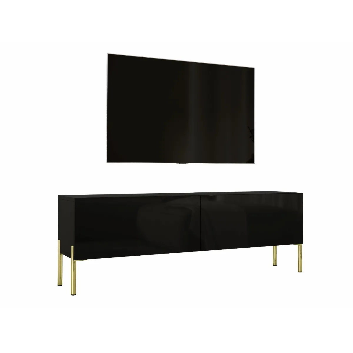 Meuble TV: Noir Mat, Pieds Or, 140 X 52 X 32 Cm