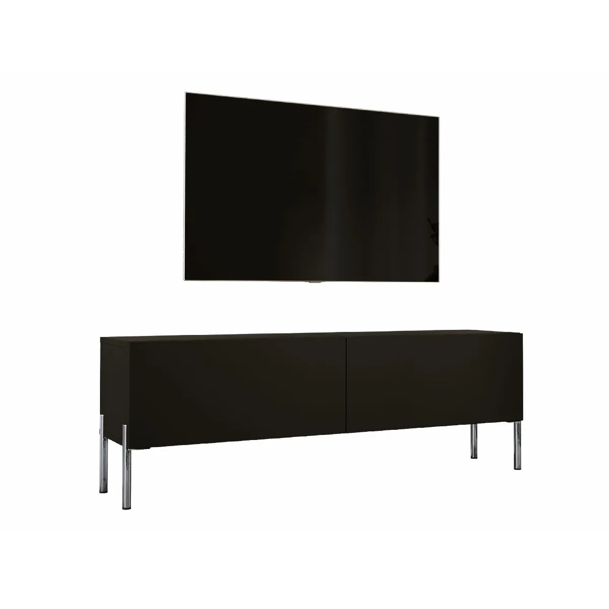 Meuble TV: Noir Mat / Noir Brillant, Pieds Chrome, 140 X 52 X 32 Cm