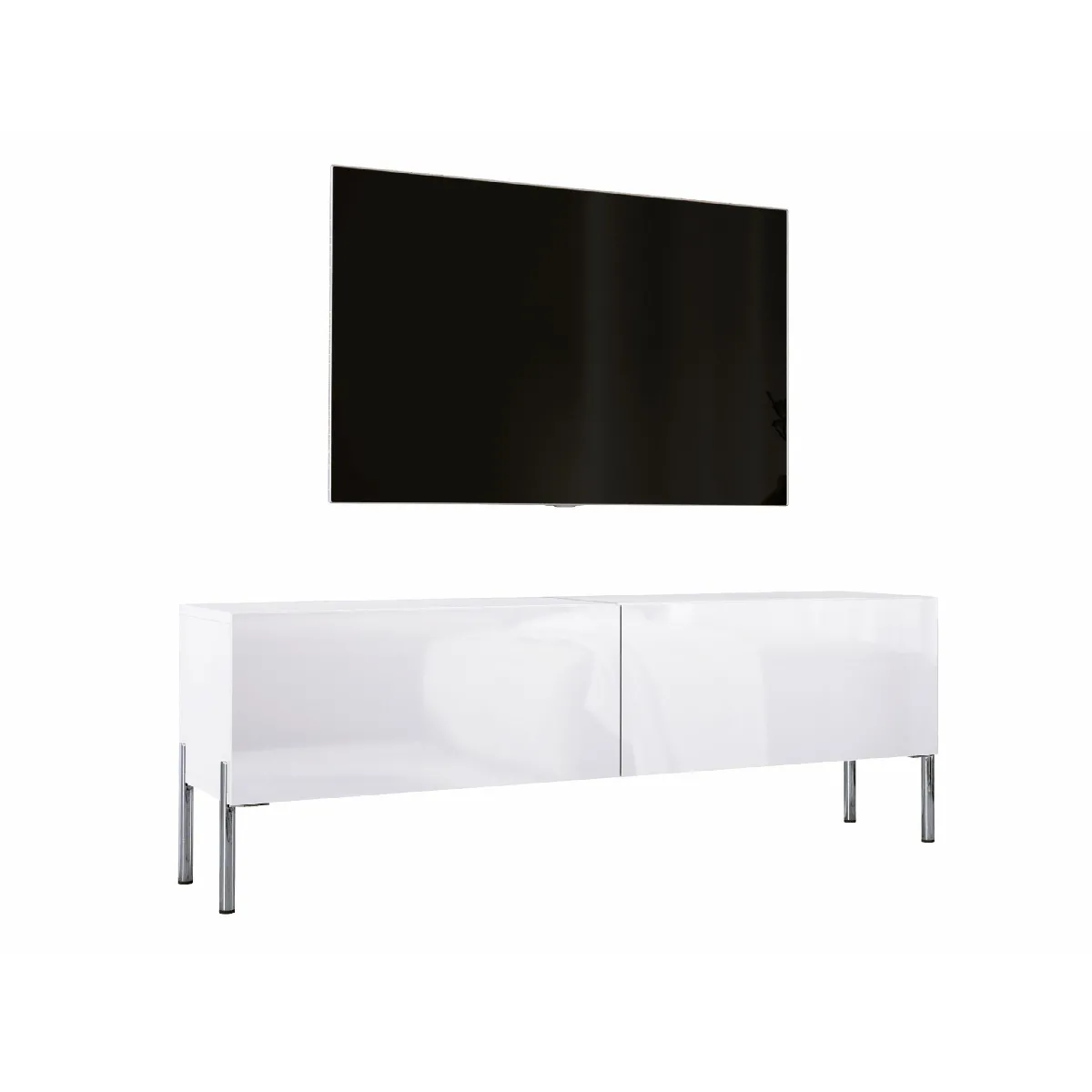 Meuble TV: Blanc Mat / Blanc Brillant, Pieds Chrome, 140 X 52 X 32 Cm