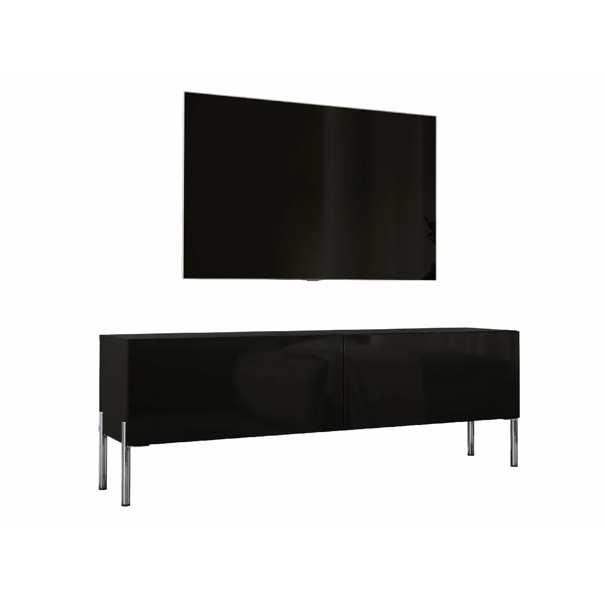 Meuble TV: Noir Mat, Pieds Chrome, 140 X 52 X 32 Cm