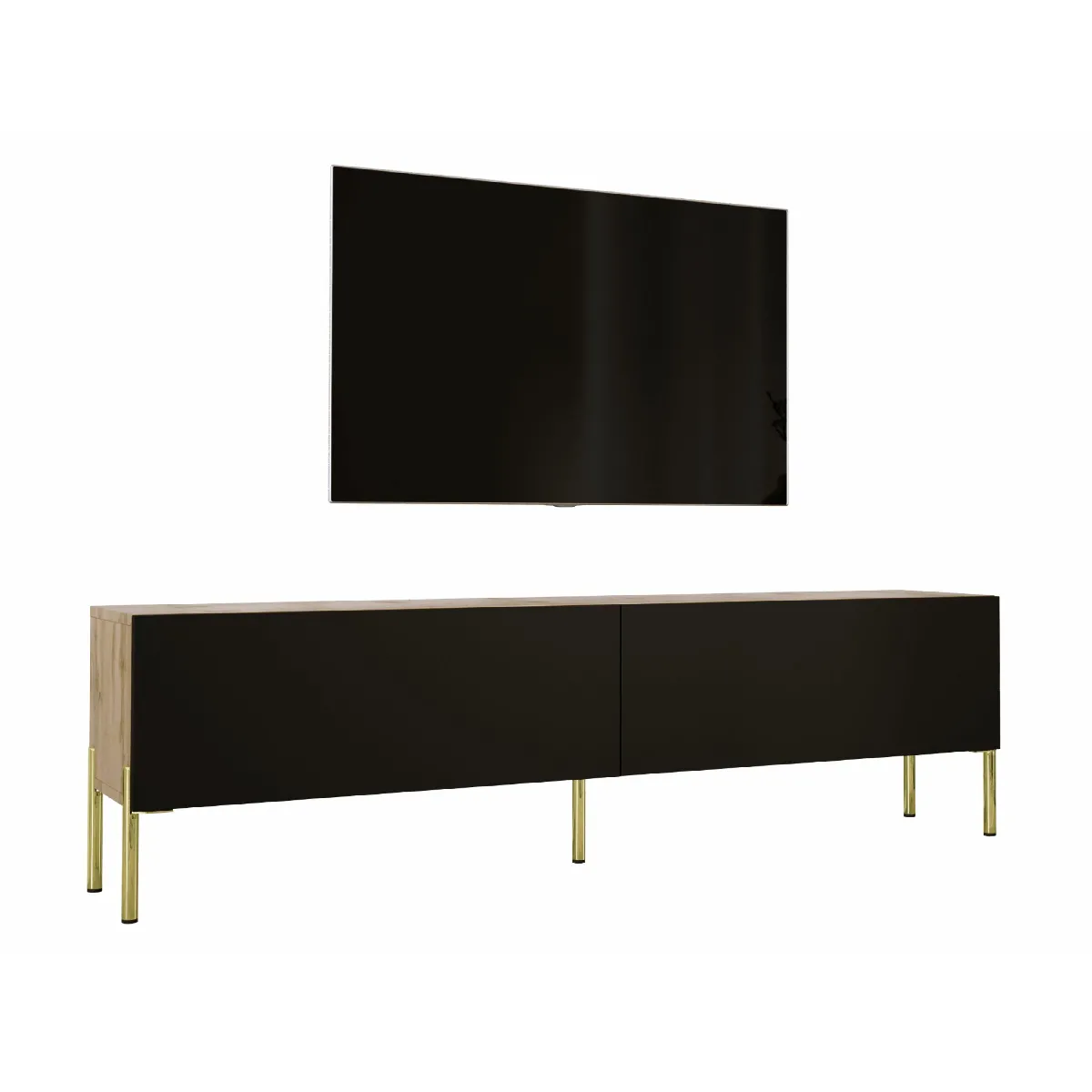 Meuble TV: Chêne Wotan / Noir Mat Avec Pieds Or, 170 X 52 X 32 Cm